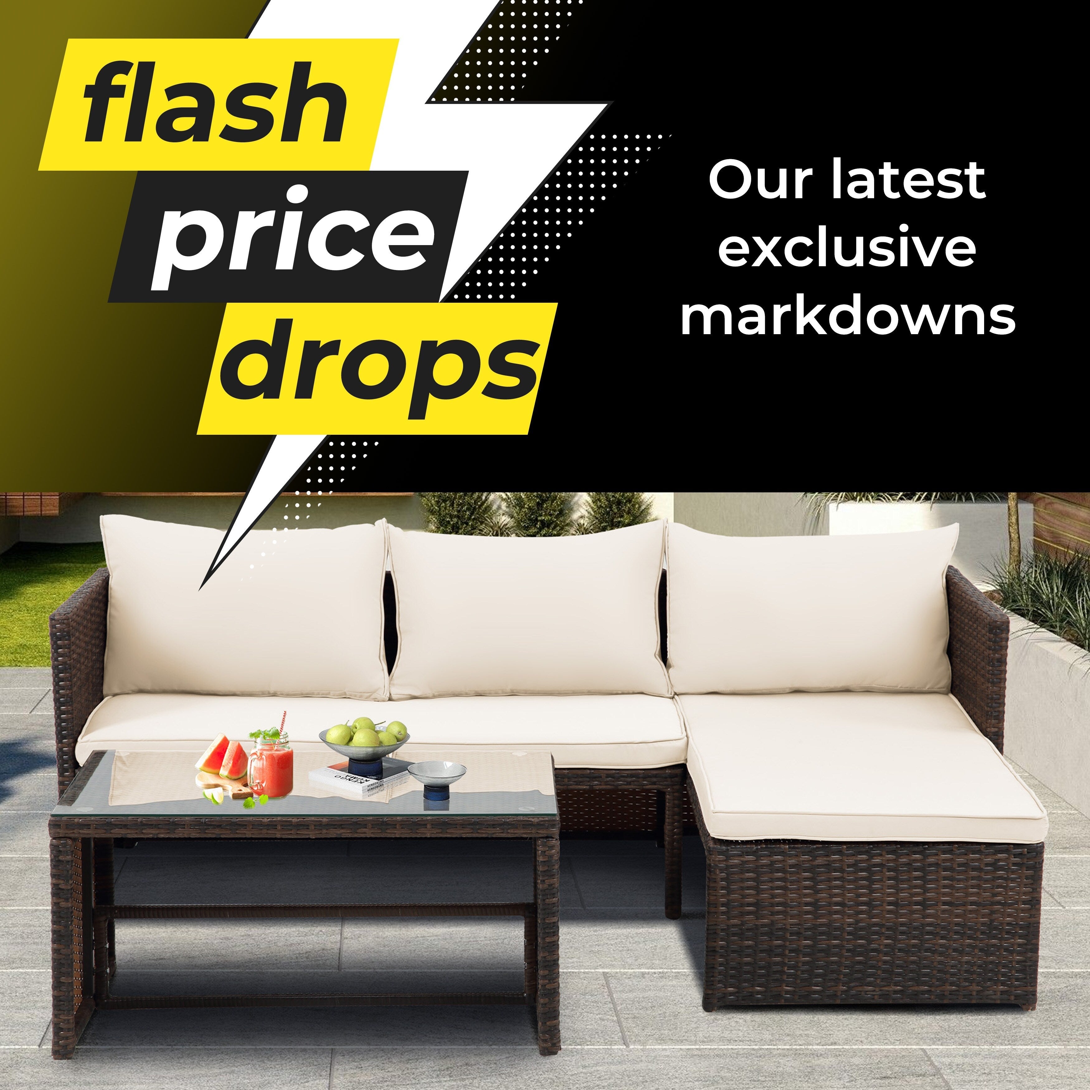 Ensemble de meubles d'extérieur 3 pièces en rotin PE pour patio, causeuse, canapé sectionnel, coussin