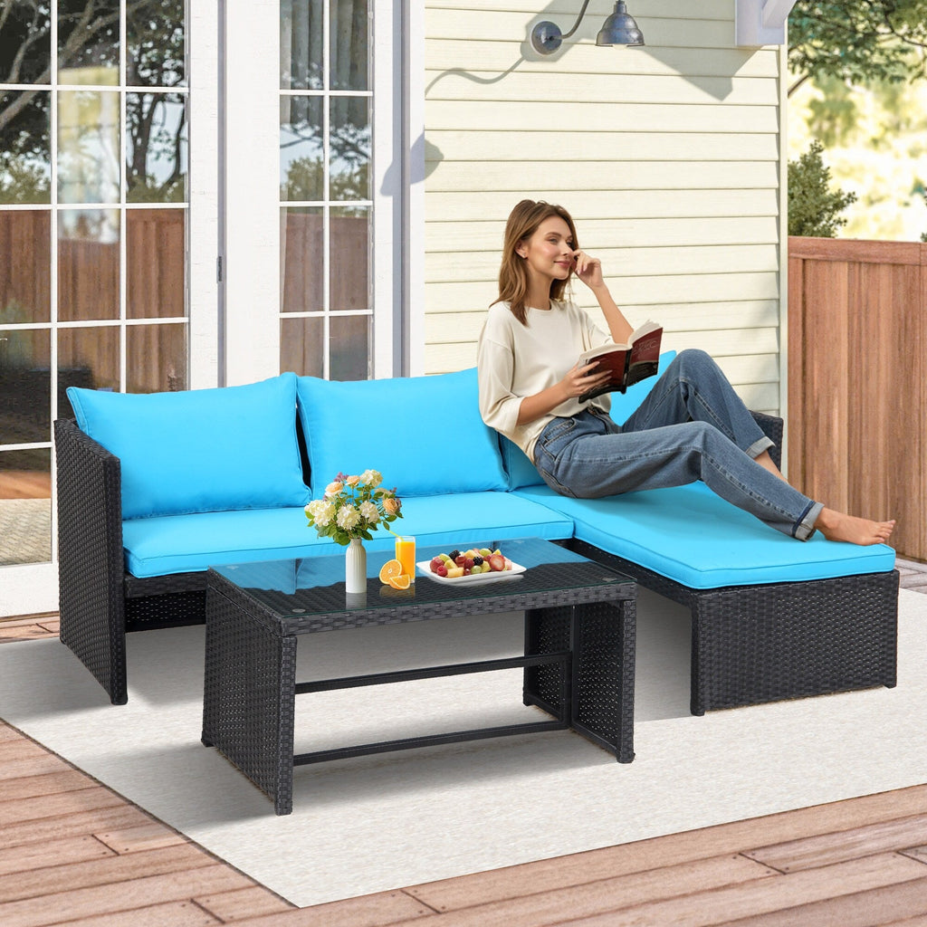 Ensemble de meubles d'extérieur 3 pièces en rotin PE pour patio, causeuse, canapé sectionnel, coussin