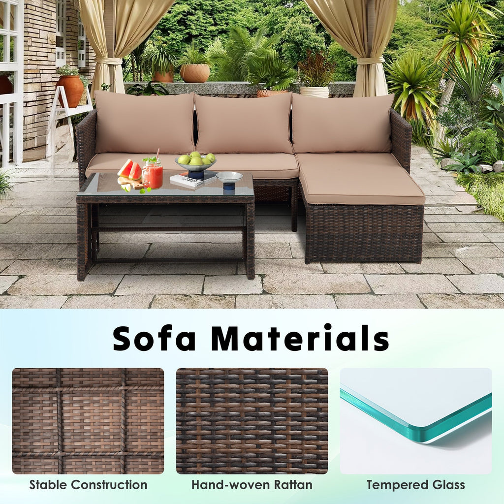 Ensemble de meubles d'extérieur 3 pièces en rotin PE pour patio, causeuse, canapé sectionnel, coussin