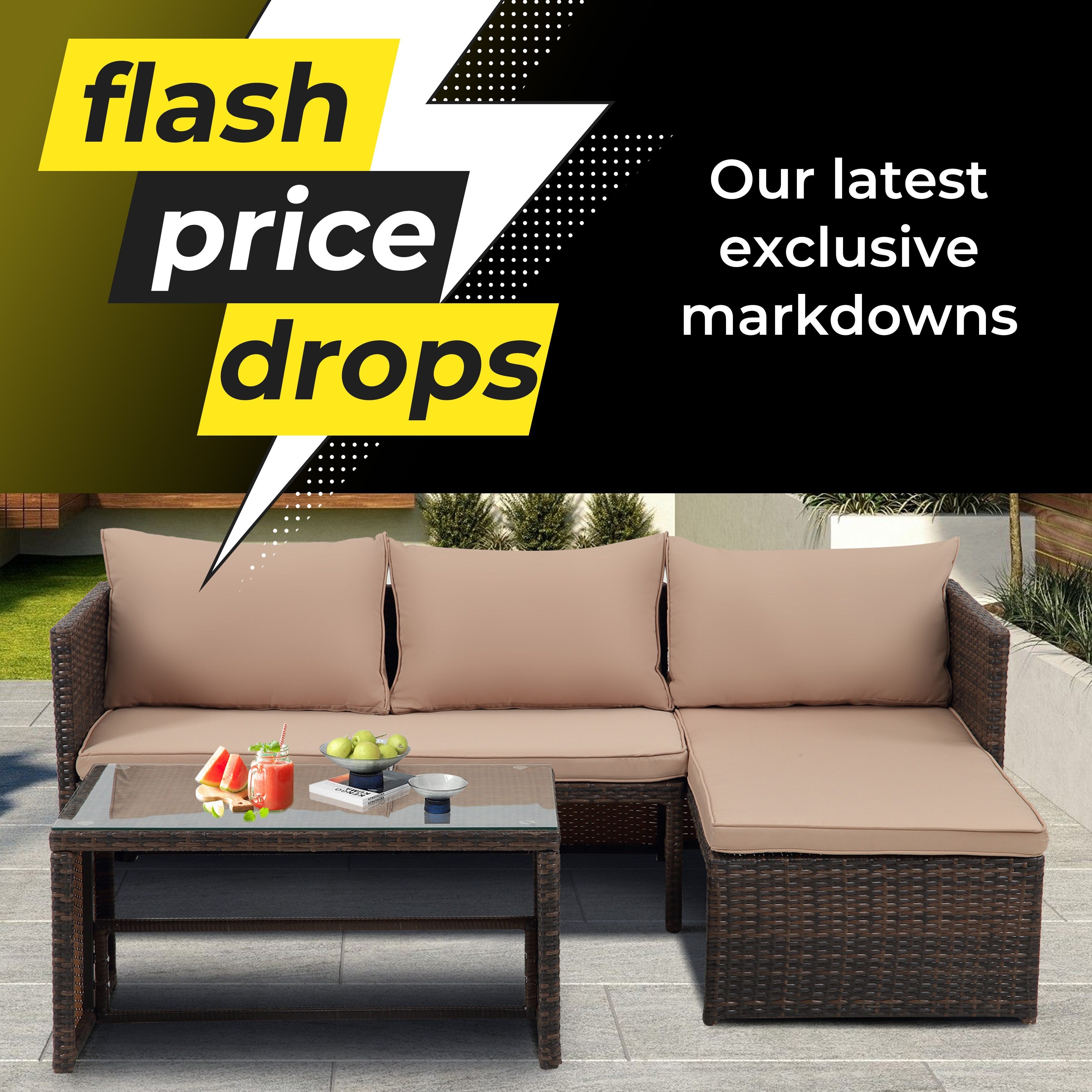 Ensemble de meubles d'extérieur 3 pièces en rotin PE pour patio, causeuse, canapé sectionnel, coussin