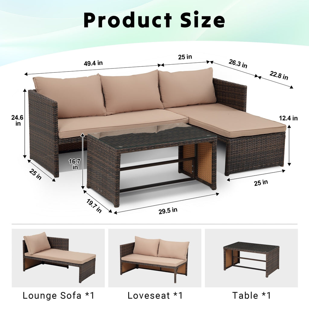 Ensemble de meubles d'extérieur 3 pièces en rotin PE pour patio, causeuse, canapé sectionnel, coussin