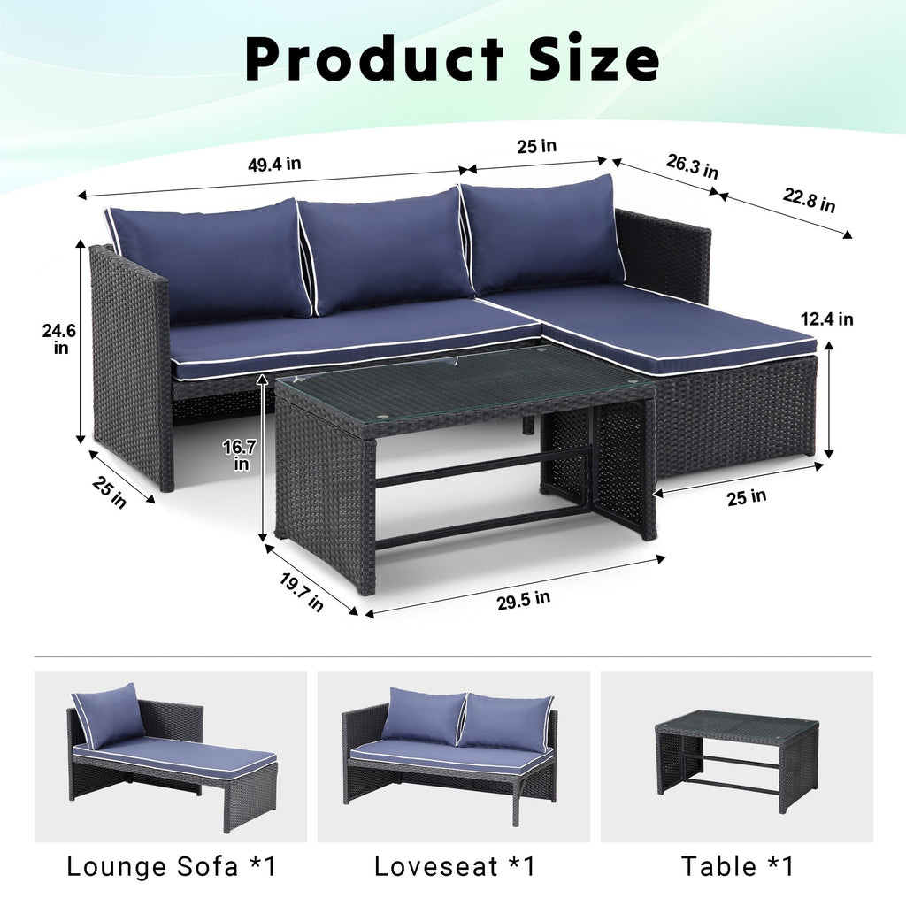 Ensemble de meubles d'extérieur 3 pièces en rotin PE pour patio, causeuse, canapé sectionnel, coussin