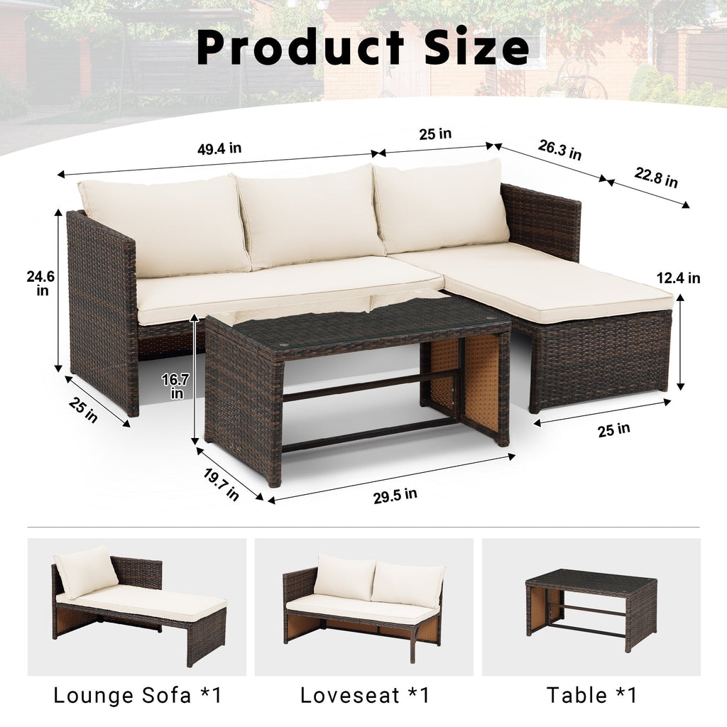 Ensemble de meubles d'extérieur 3 pièces en rotin PE pour patio, causeuse, canapé sectionnel, coussin