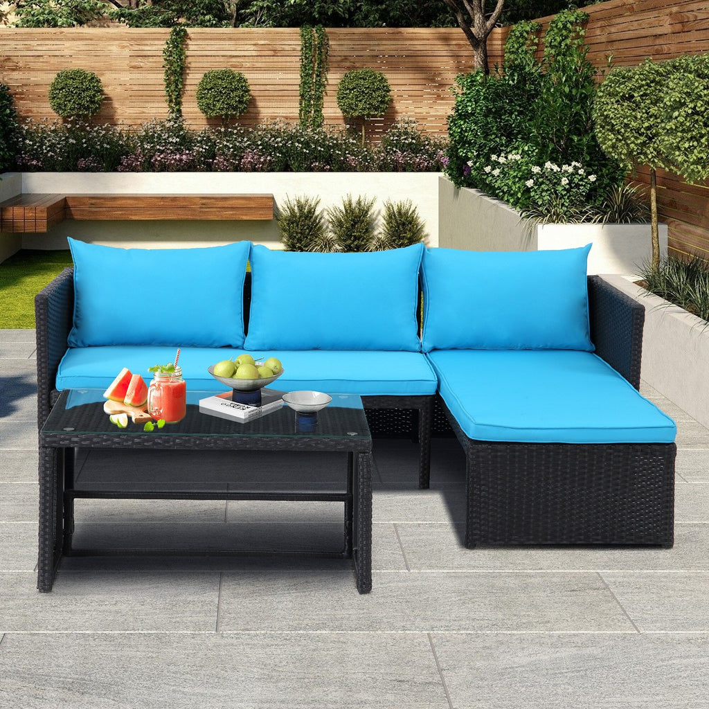 Ensemble de meubles d'extérieur 3 pièces en rotin PE pour patio, causeuse, canapé sectionnel, coussin