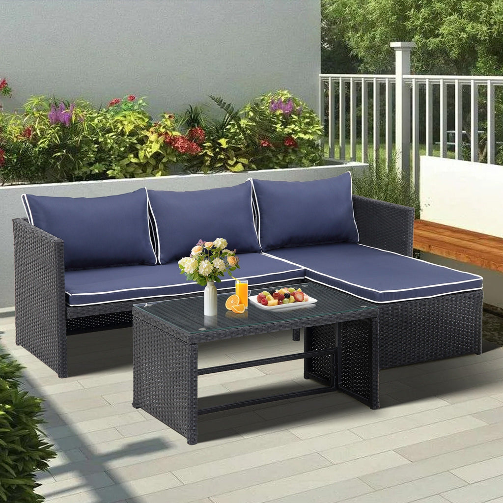 Ensemble de meubles d'extérieur 3 pièces en rotin PE pour patio, causeuse, canapé sectionnel, coussin