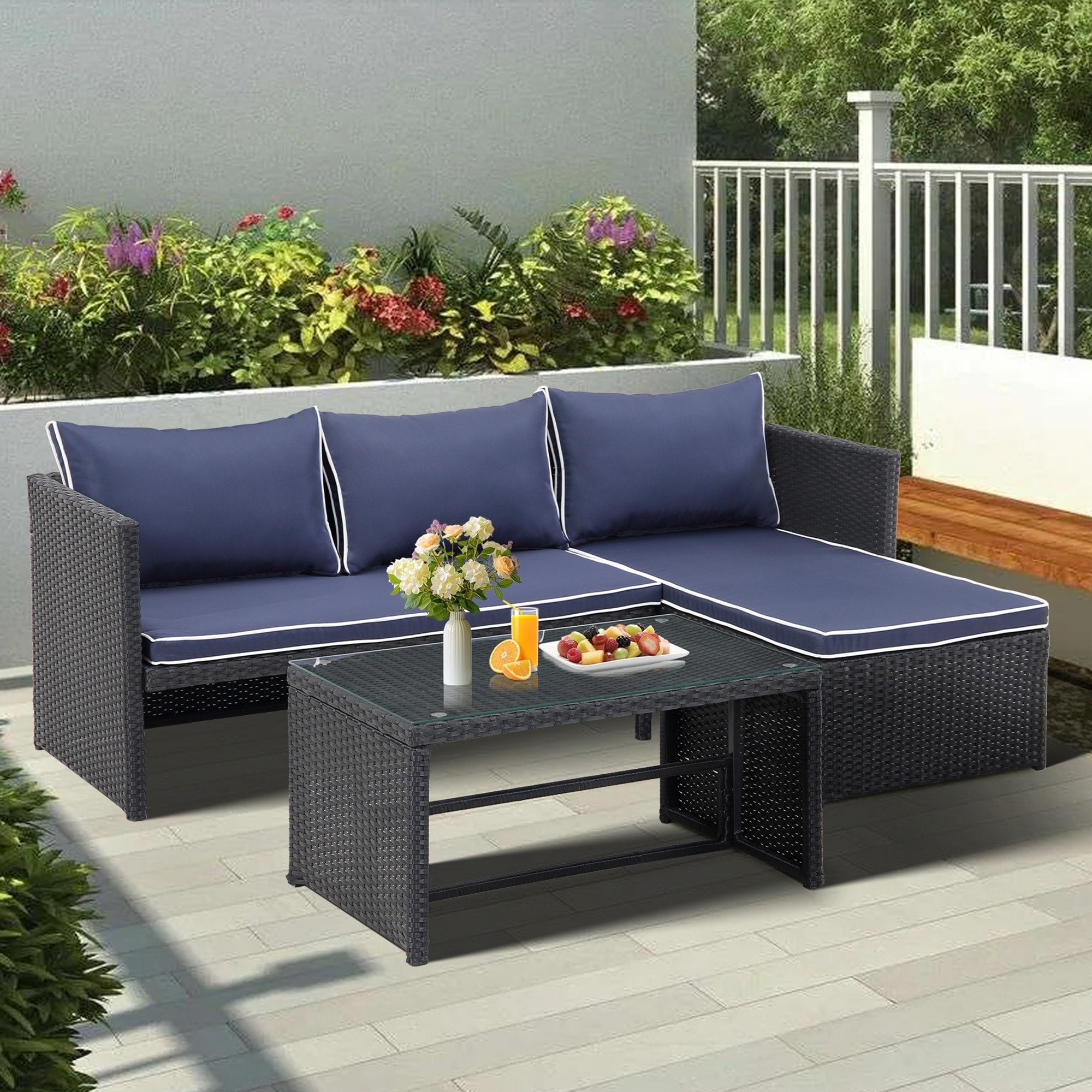 Ensemble de meubles d'extérieur 3 pièces en rotin PE pour patio, causeuse, canapé sectionnel, coussin