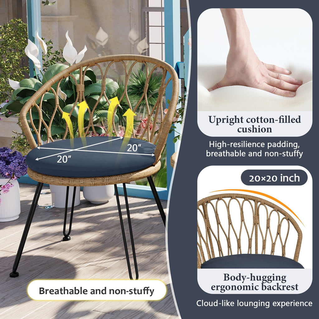 Ensemble de 3 chaises de jardin en rotin pour la détente et les loisirs, avec 2 chaises et une table basse en verre