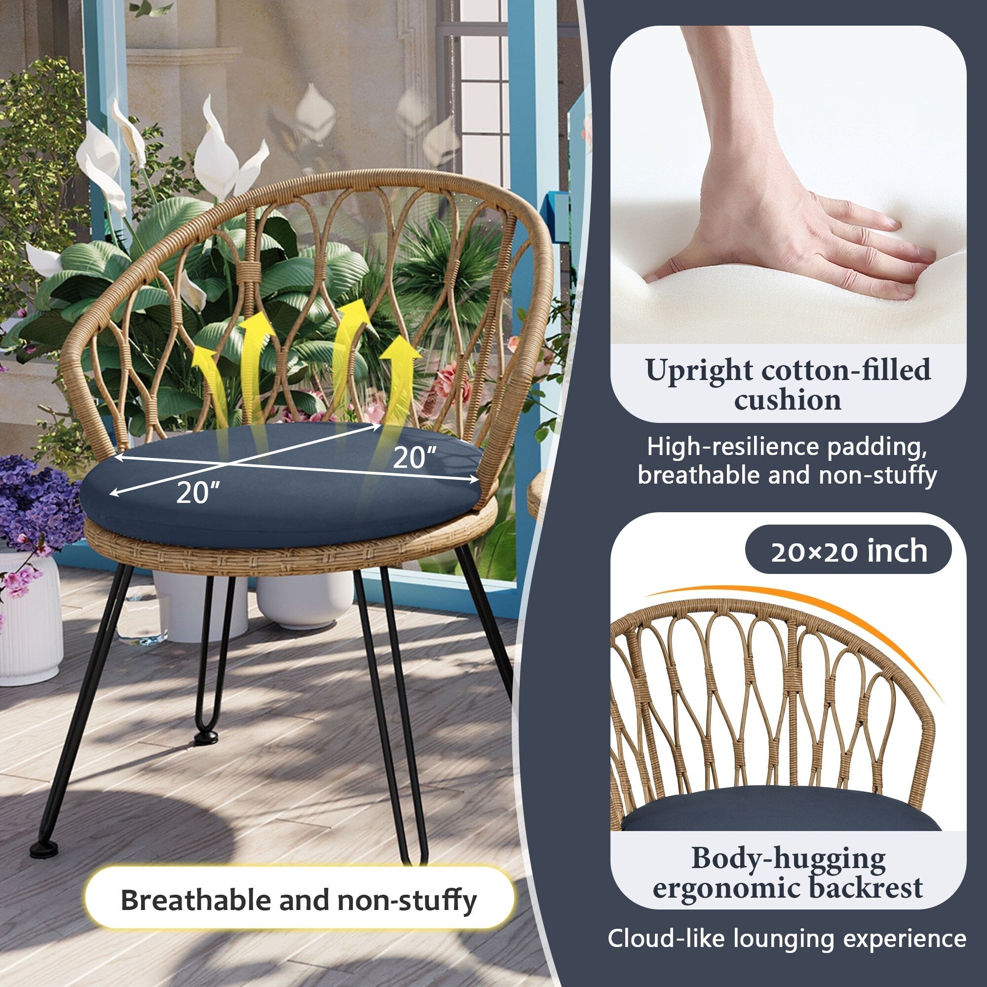 Ensemble de 3 chaises de jardin en rotin pour la détente et les loisirs, avec 2 chaises et une table basse en verre