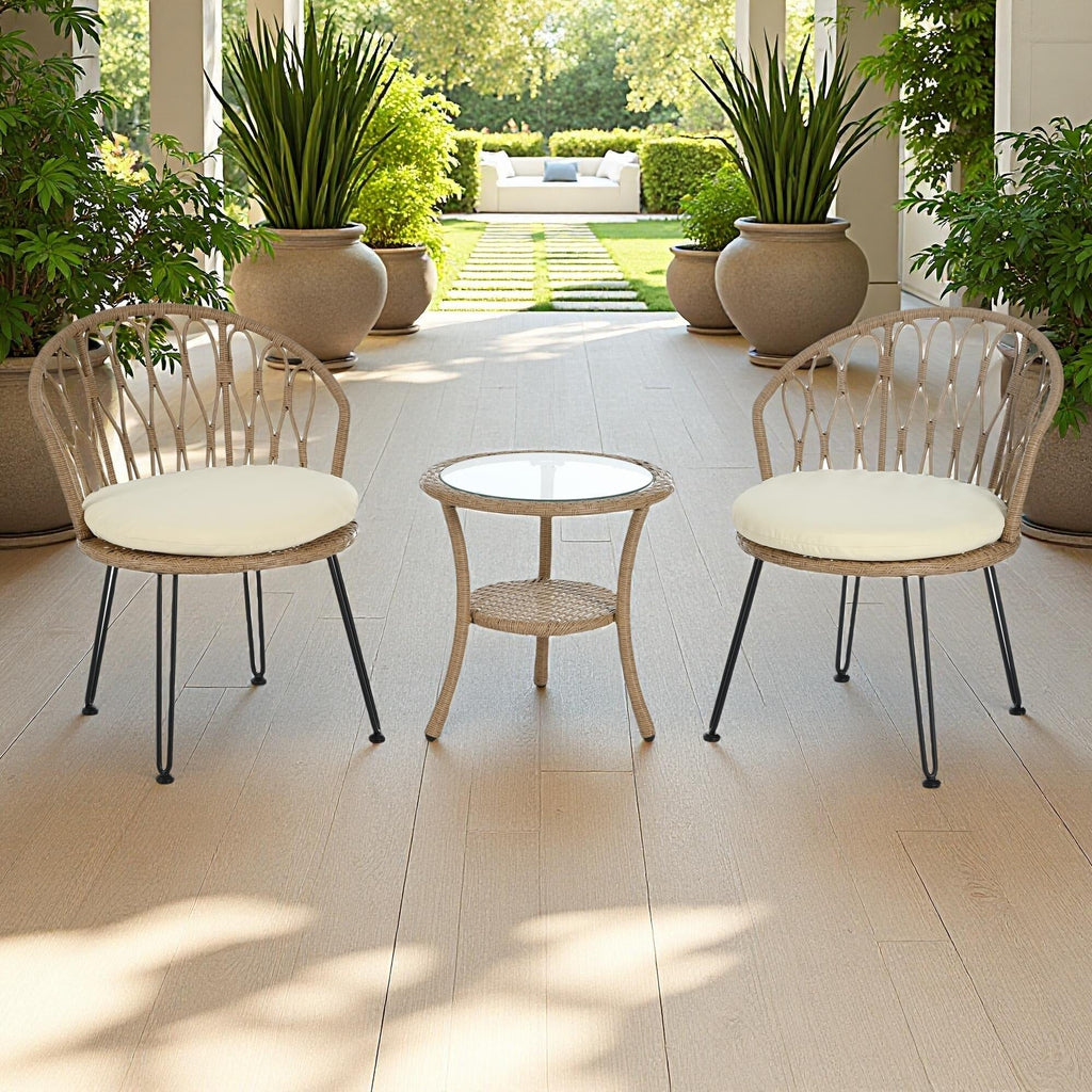 Ensemble de 3 chaises de jardin en rotin pour la détente et les loisirs, avec 2 chaises et une table basse en verre
