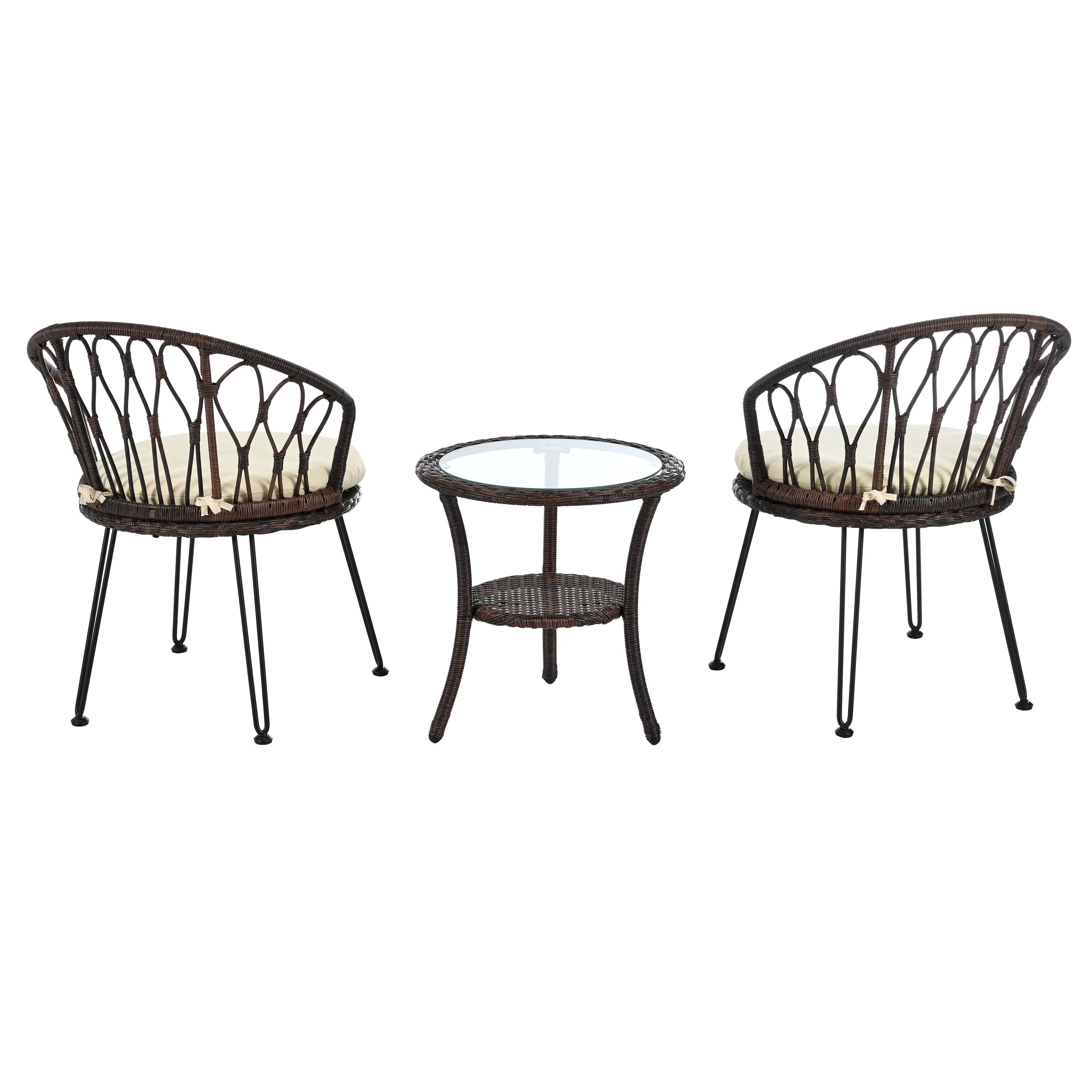 Ensemble de 3 chaises de jardin en rotin pour la détente et les loisirs, avec 2 chaises et une table basse en verre