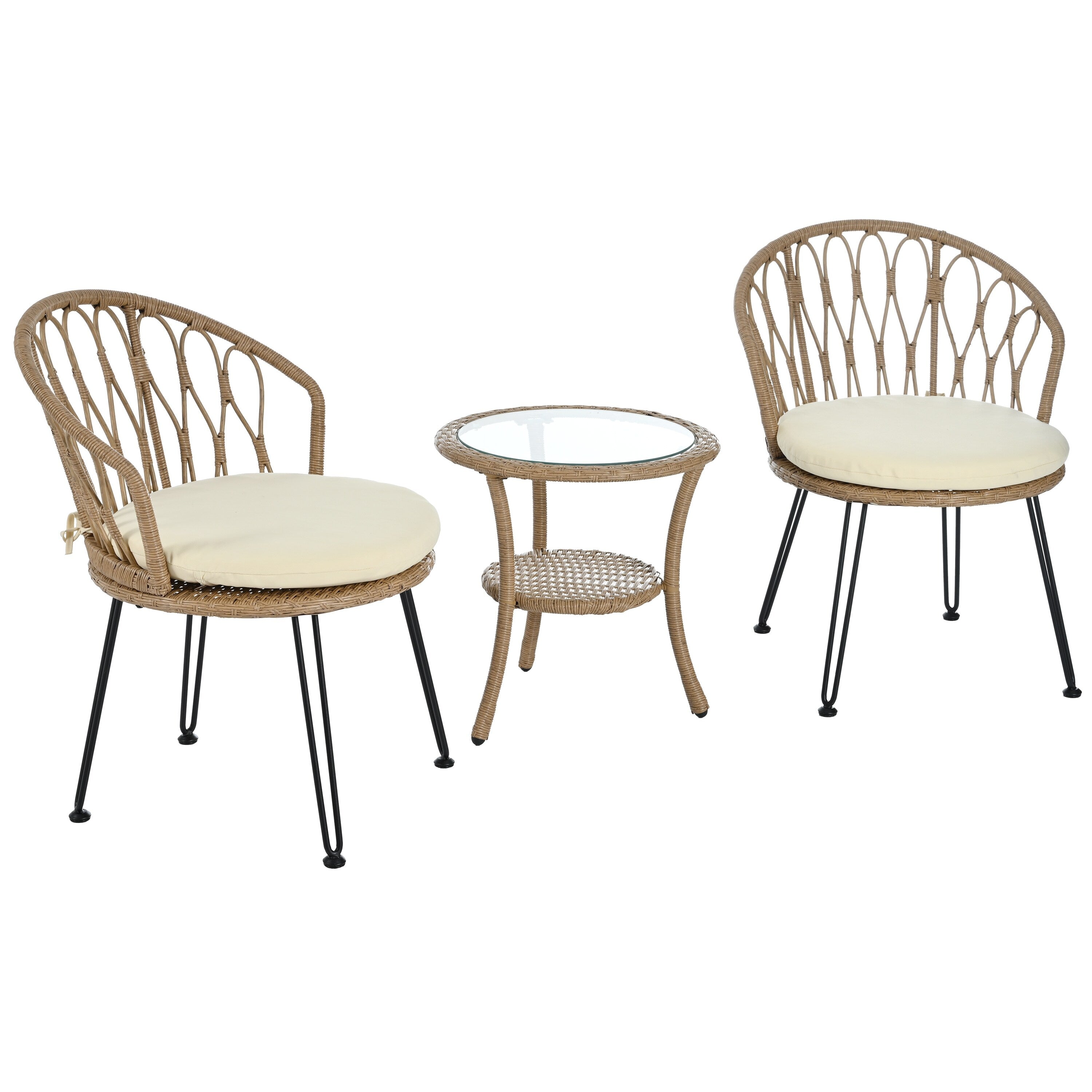 Ensemble de 3 chaises de jardin en rotin pour la détente et les loisirs, avec 2 chaises et une table basse en verre