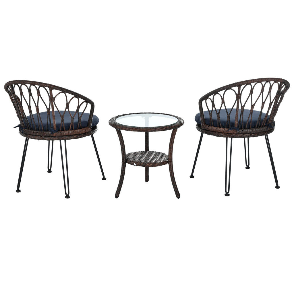Ensemble de 3 chaises de jardin en rotin pour la détente et les loisirs, avec 2 chaises et une table basse en verre