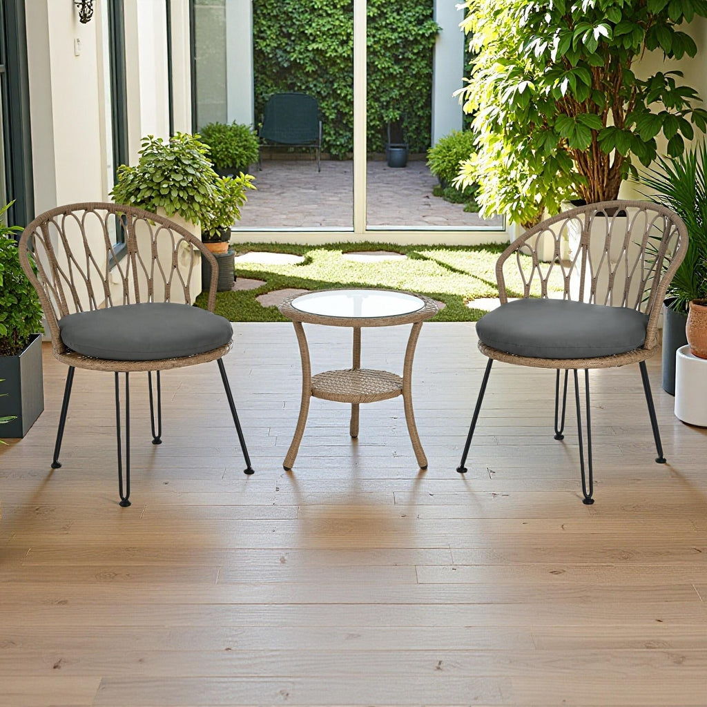 Ensemble de 3 chaises de jardin en rotin pour la détente et les loisirs, avec 2 chaises et une table basse en verre