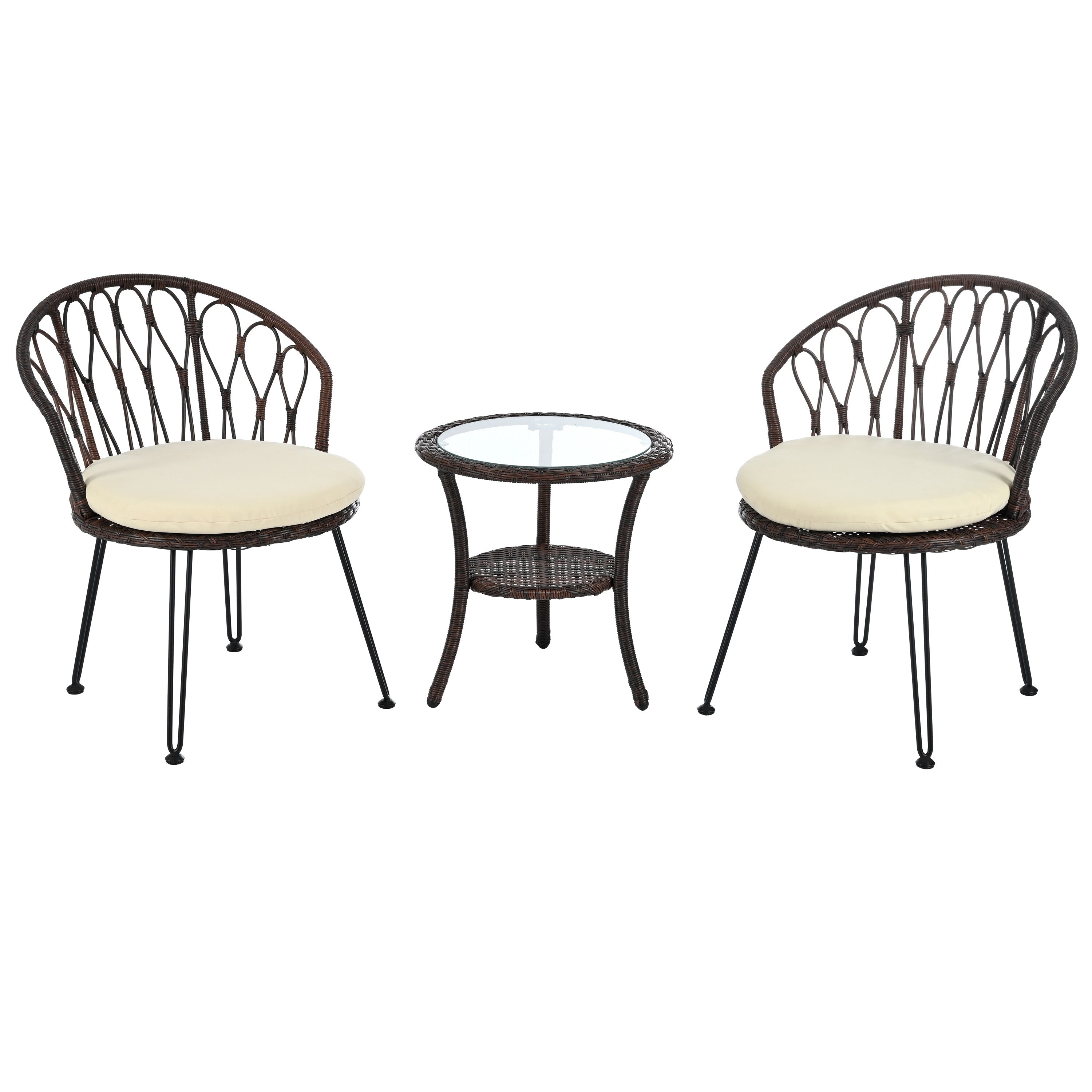 Ensemble de 3 chaises de jardin en rotin pour la détente et les loisirs, avec 2 chaises et une table basse en verre