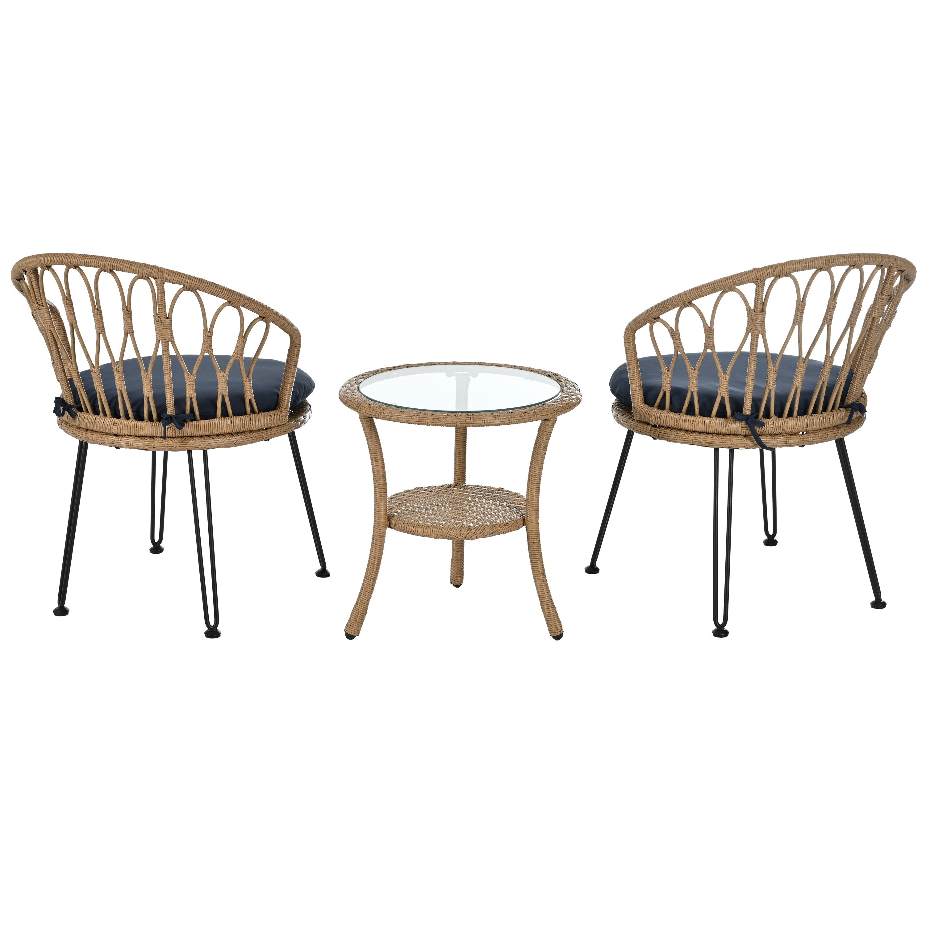 Ensemble de 3 chaises de jardin en rotin pour la détente et les loisirs, avec 2 chaises et une table basse en verre