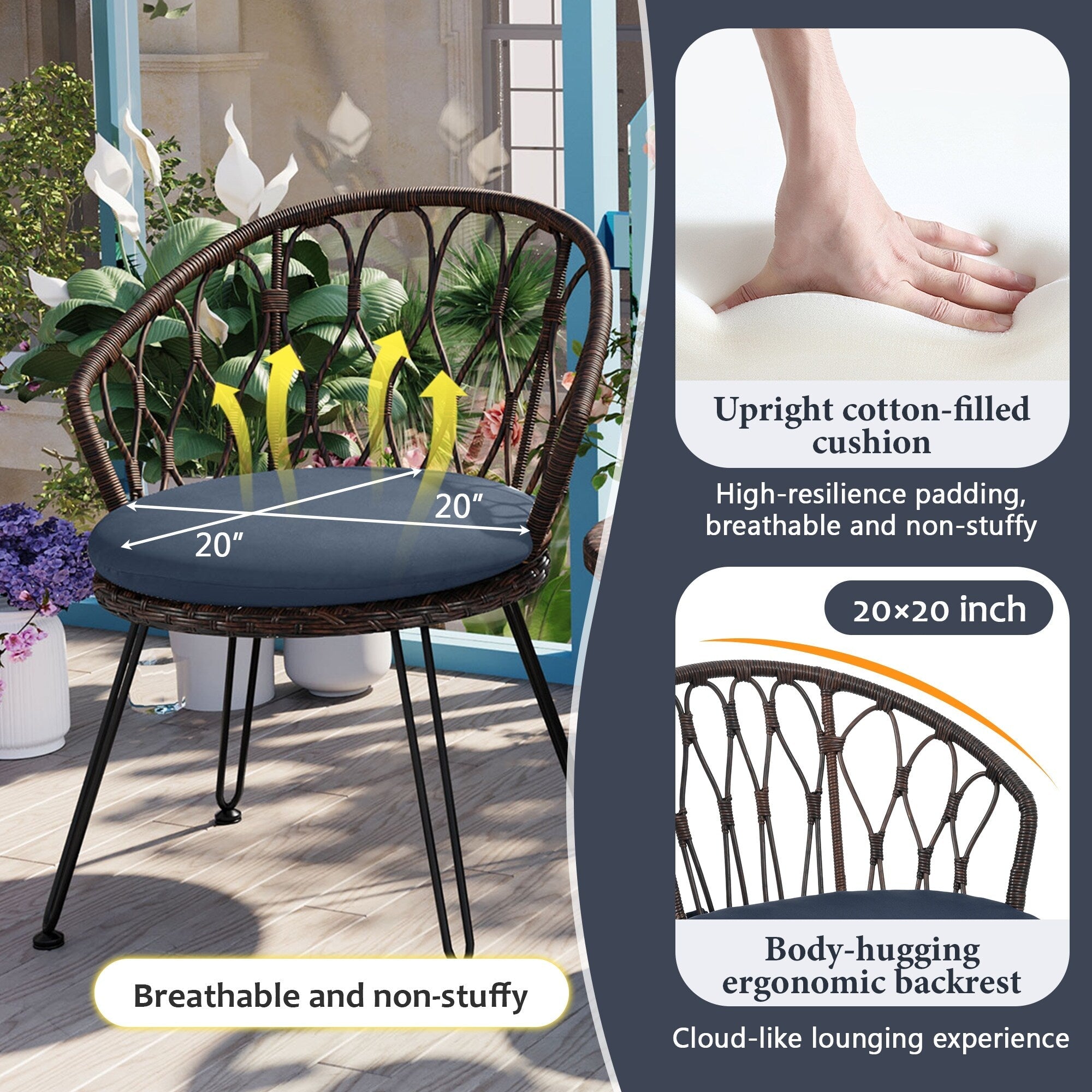 Ensemble de 3 chaises de jardin en rotin pour la détente et les loisirs, avec 2 chaises et une table basse en verre