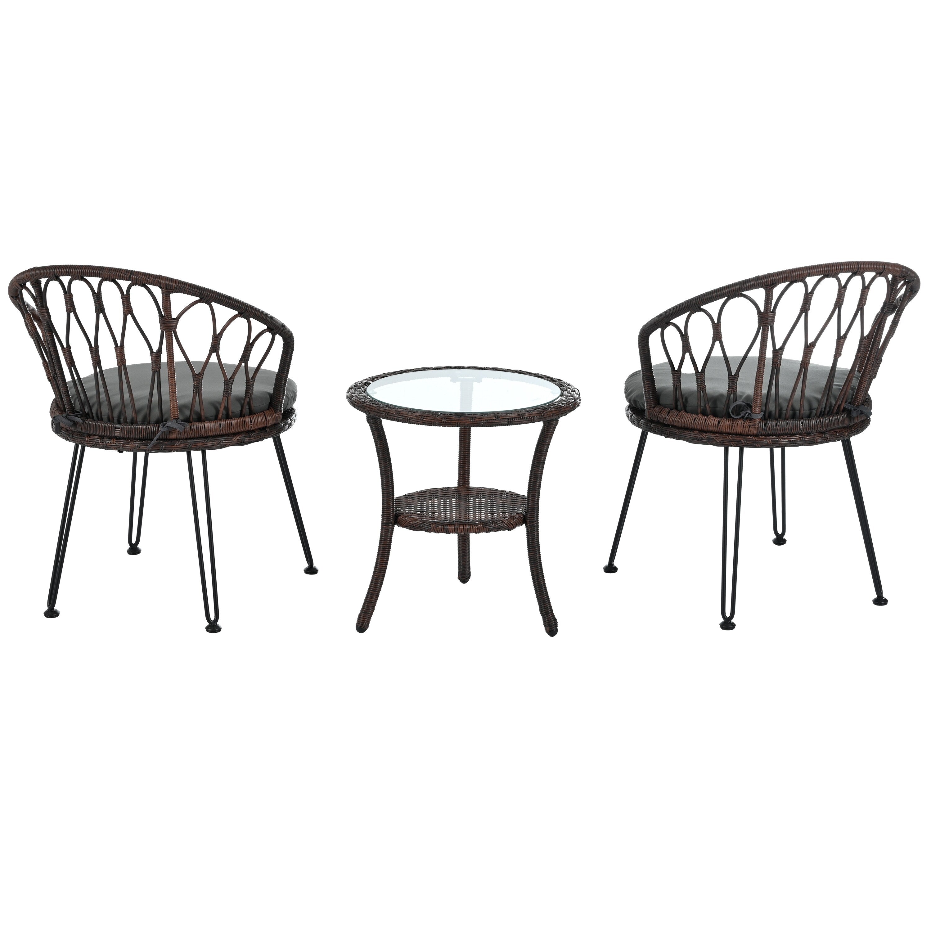 Ensemble de 3 chaises de jardin en rotin pour la détente et les loisirs, avec 2 chaises et une table basse en verre