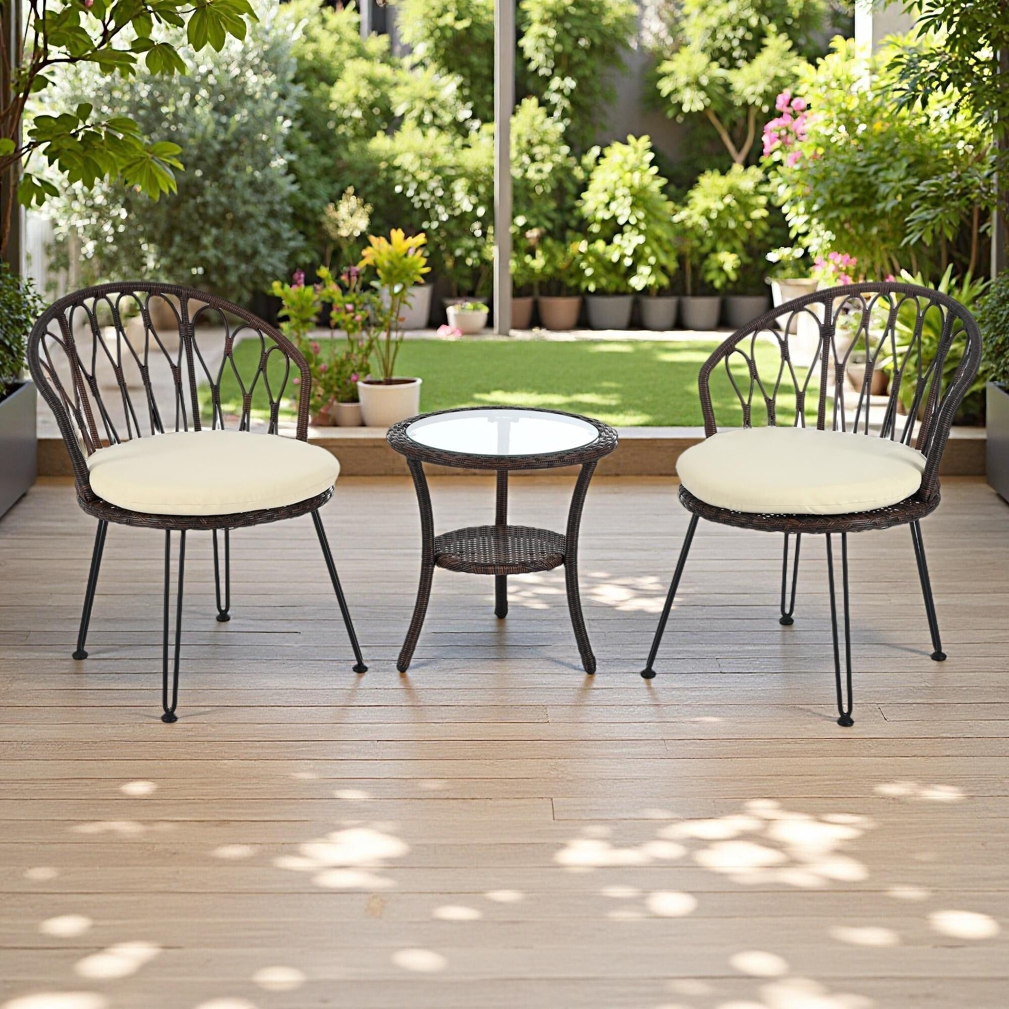 Ensemble de 3 chaises de jardin en rotin pour la détente et les loisirs, avec 2 chaises et une table basse en verre