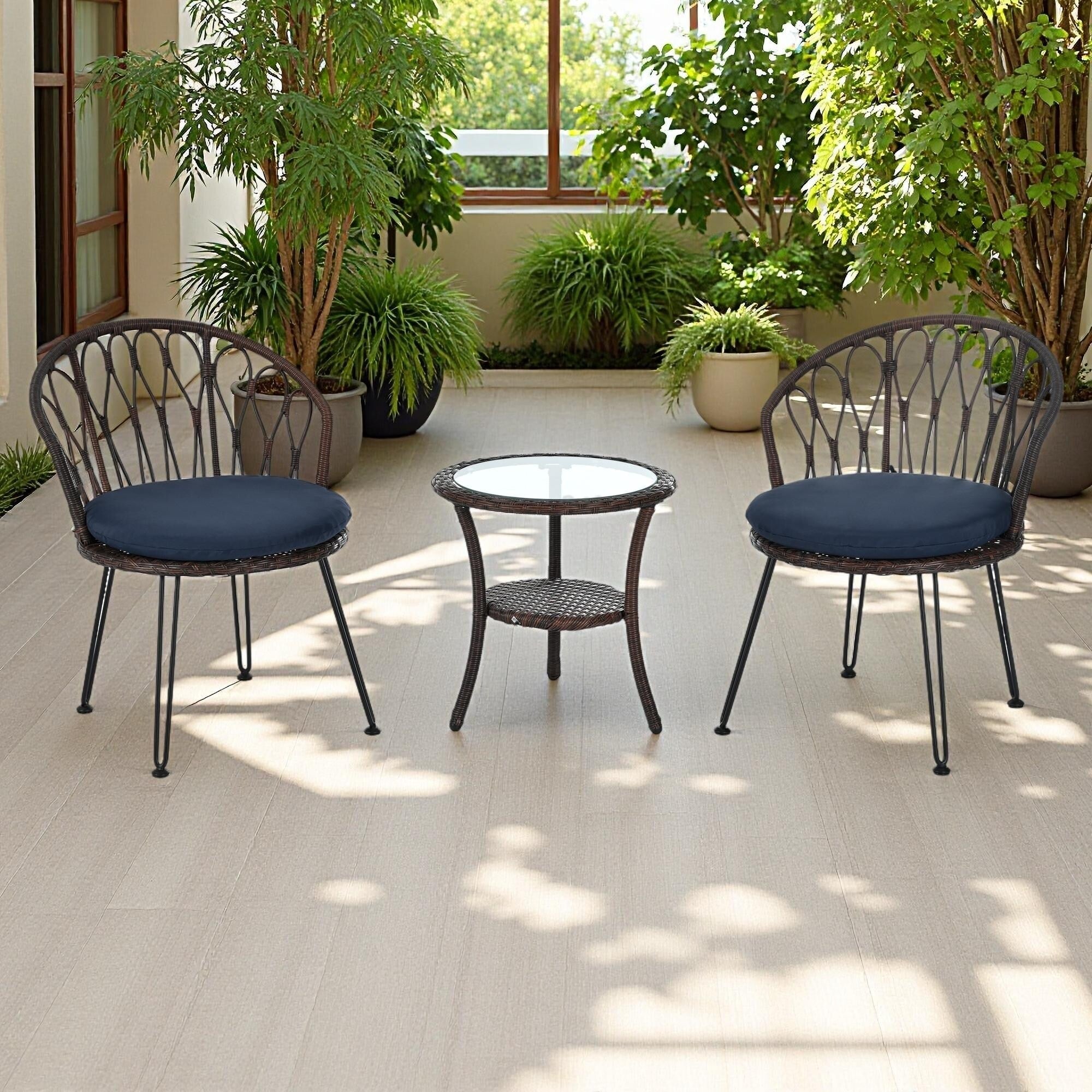 Ensemble de 3 chaises de jardin en rotin pour la détente et les loisirs, avec 2 chaises et une table basse en verre