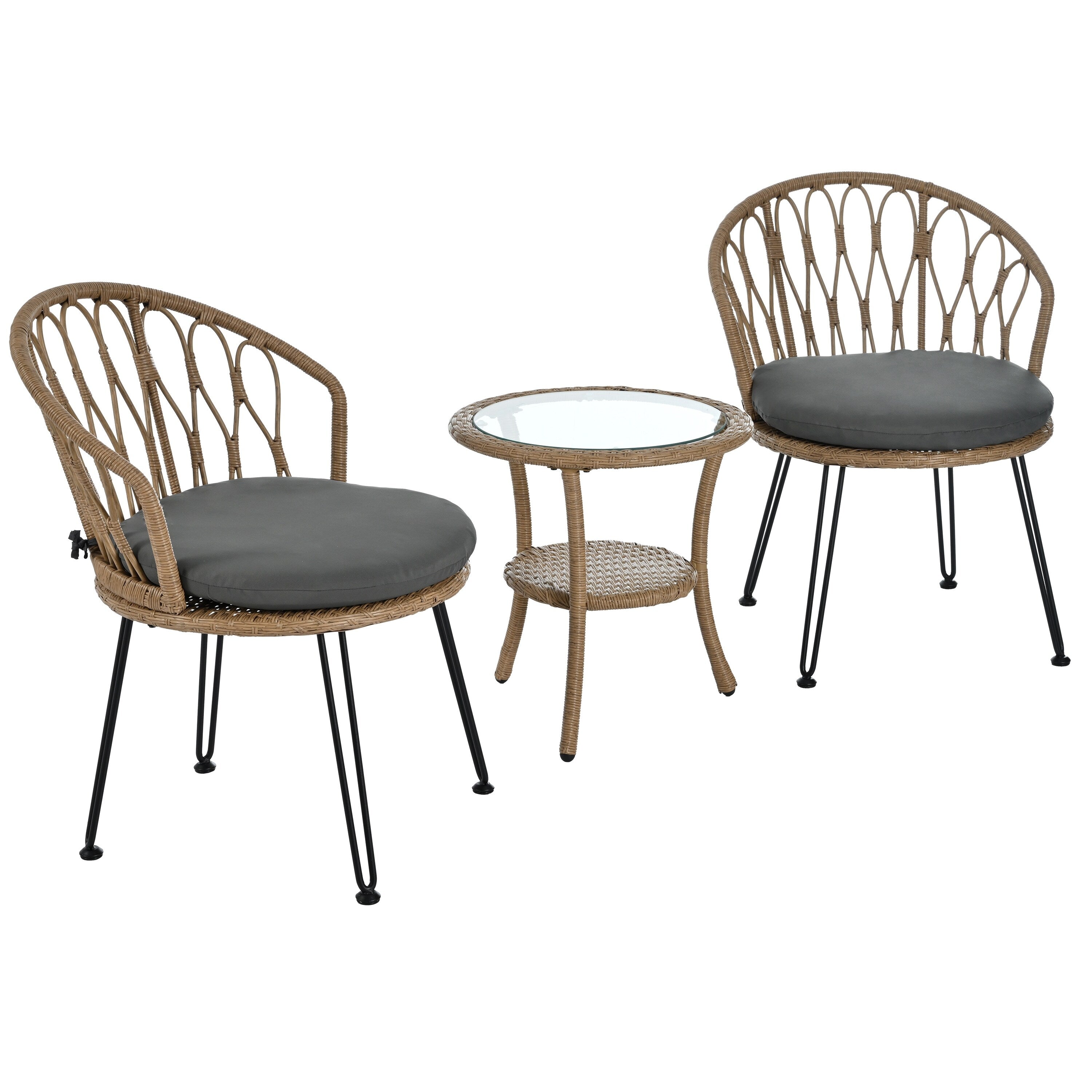 Ensemble de 3 chaises de jardin en rotin pour la détente et les loisirs, avec 2 chaises et une table basse en verre