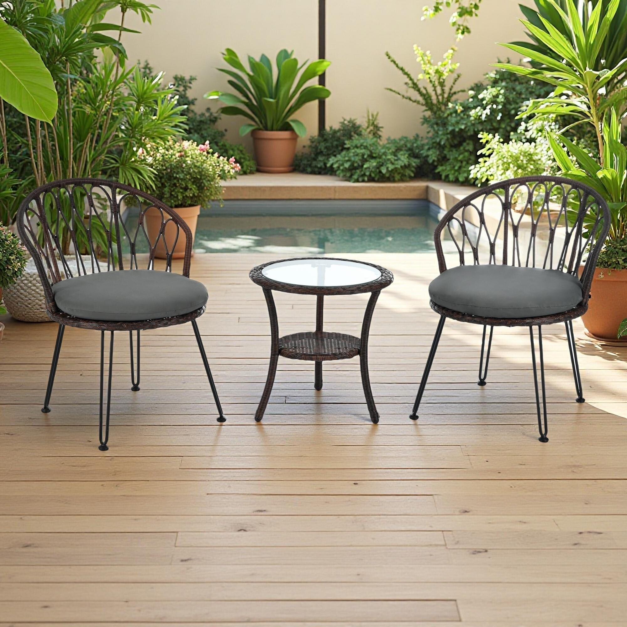 Ensemble de 3 chaises de jardin en rotin pour la détente et les loisirs, avec 2 chaises et une table basse en verre