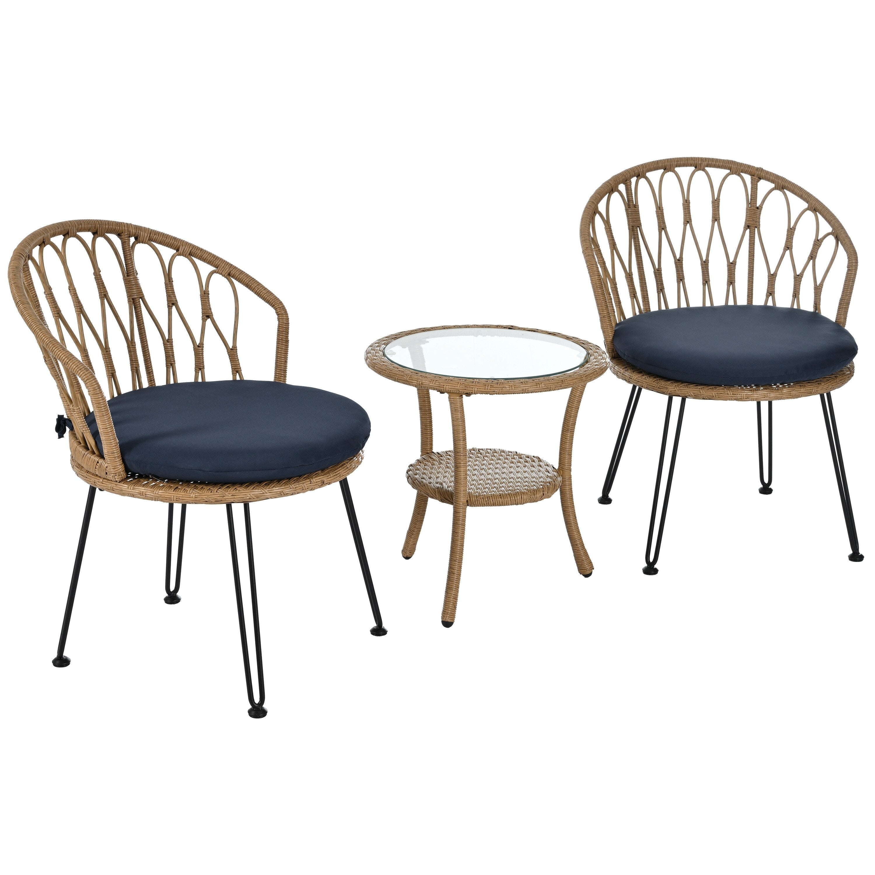 Ensemble de 3 chaises de jardin en rotin pour la détente et les loisirs, avec 2 chaises et une table basse en verre