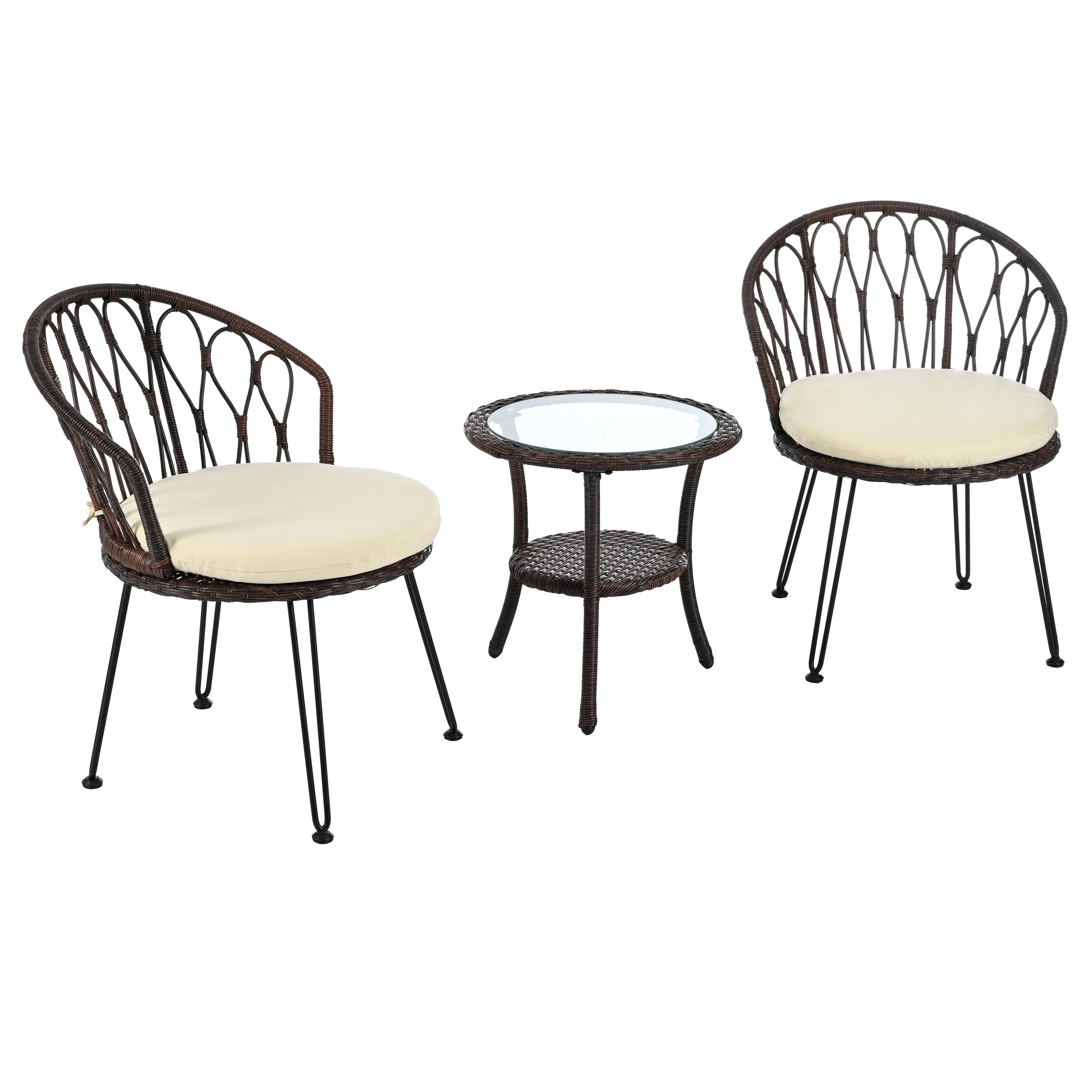 Ensemble de 3 chaises de jardin en rotin pour la détente et les loisirs, avec 2 chaises et une table basse en verre