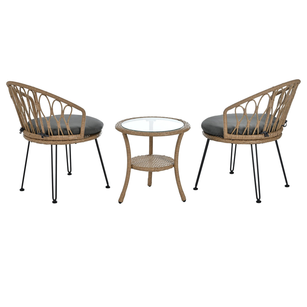 Ensemble de 3 chaises de jardin en rotin pour la détente et les loisirs, avec 2 chaises et une table basse en verre