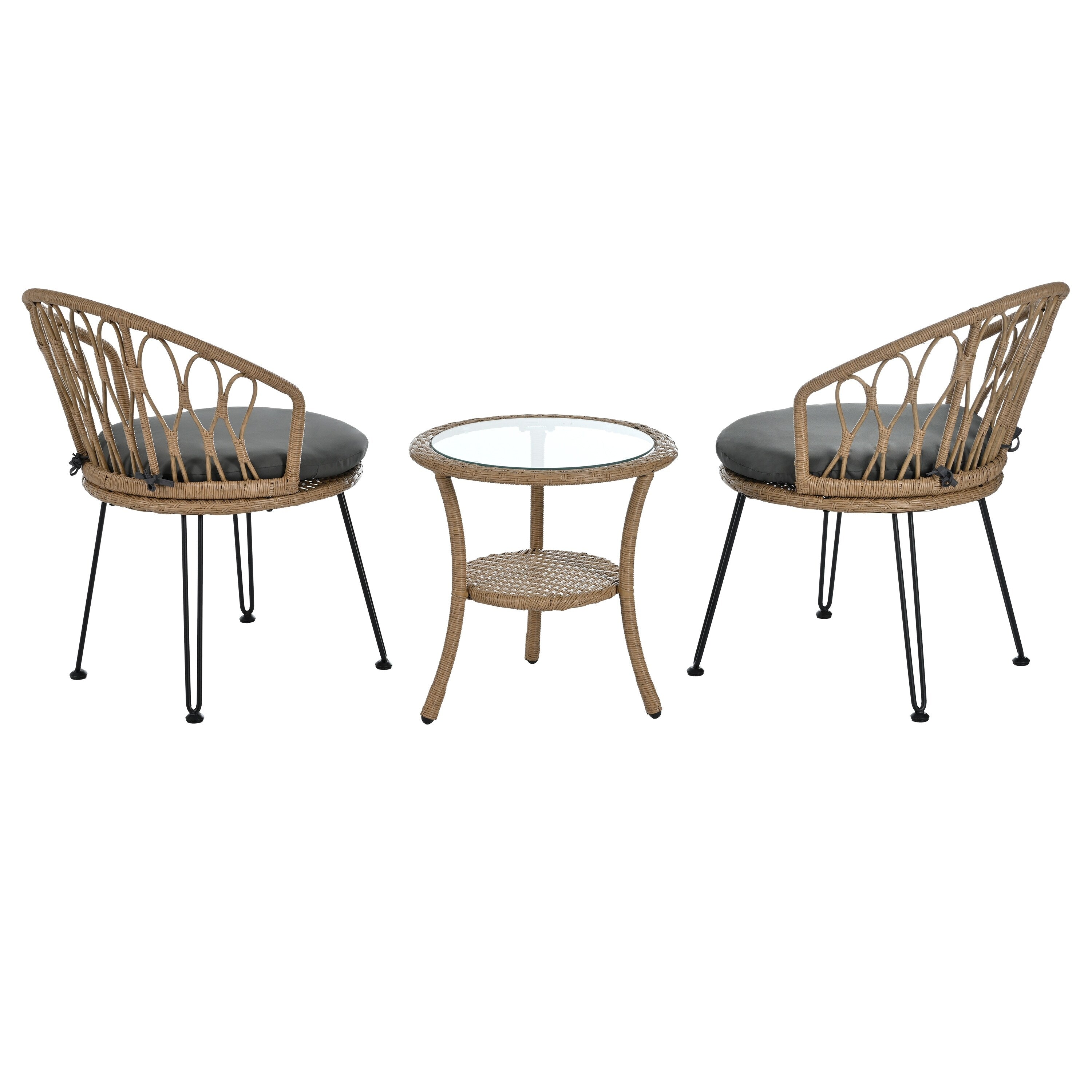 Ensemble de 3 chaises de jardin en rotin pour la détente et les loisirs, avec 2 chaises et une table basse en verre