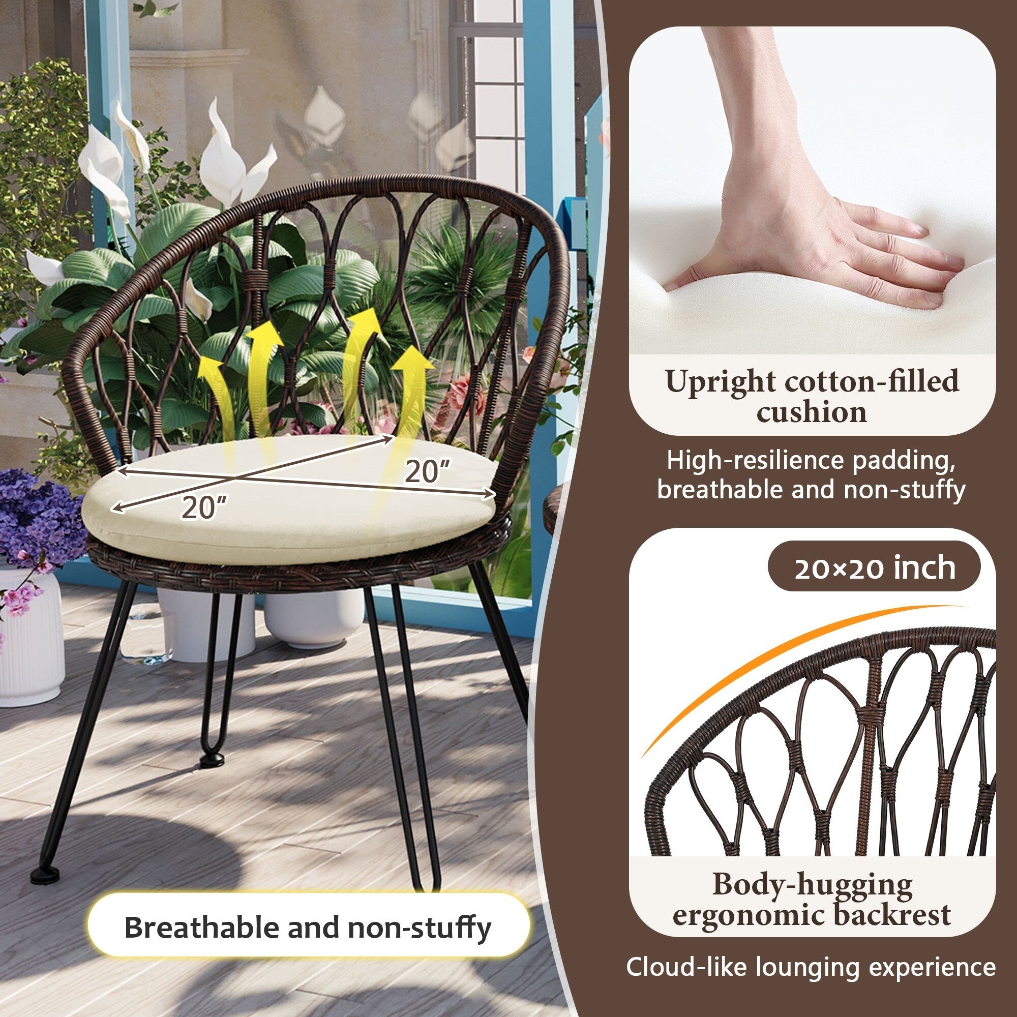 Ensemble de 3 chaises de jardin en rotin pour la détente et les loisirs, avec 2 chaises et une table basse en verre