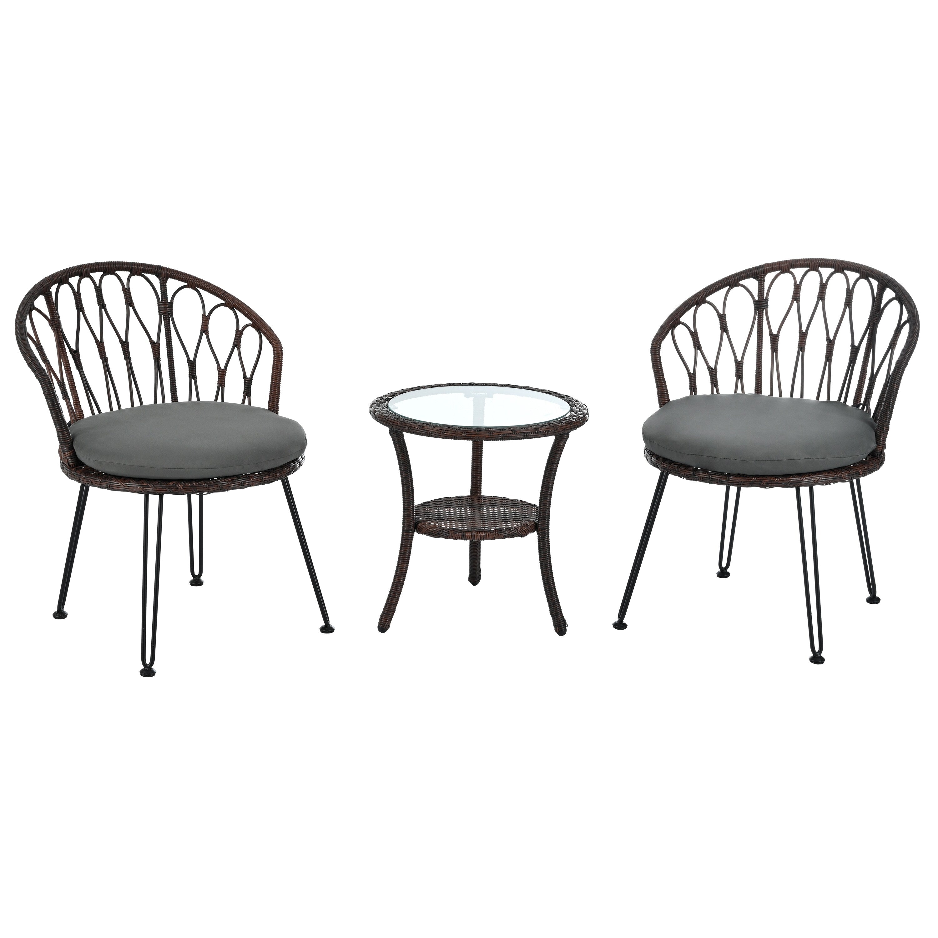 Ensemble de 3 chaises de jardin en rotin pour la détente et les loisirs, avec 2 chaises et une table basse en verre
