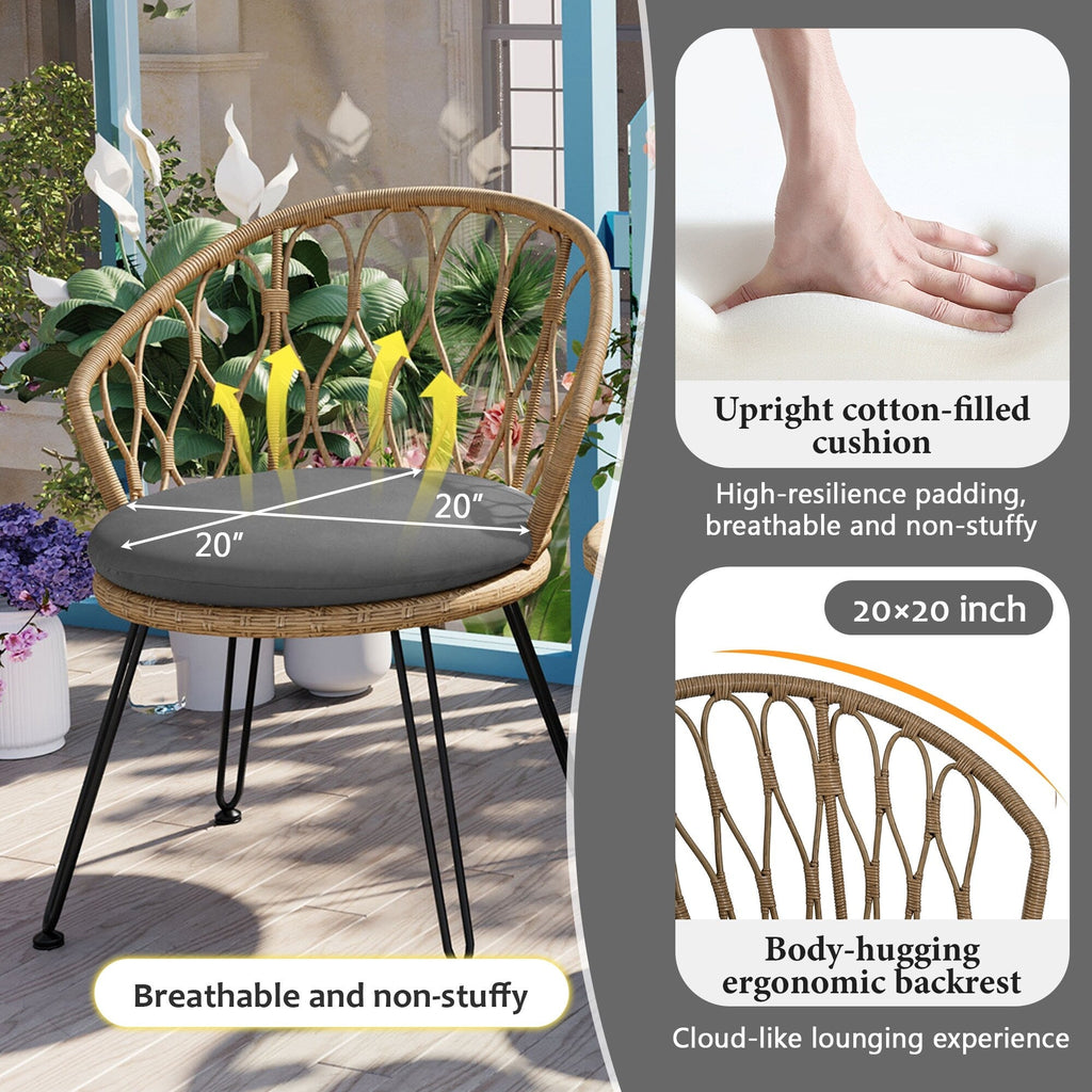 Ensemble de 3 chaises de jardin en rotin pour la détente et les loisirs, avec 2 chaises et une table basse en verre