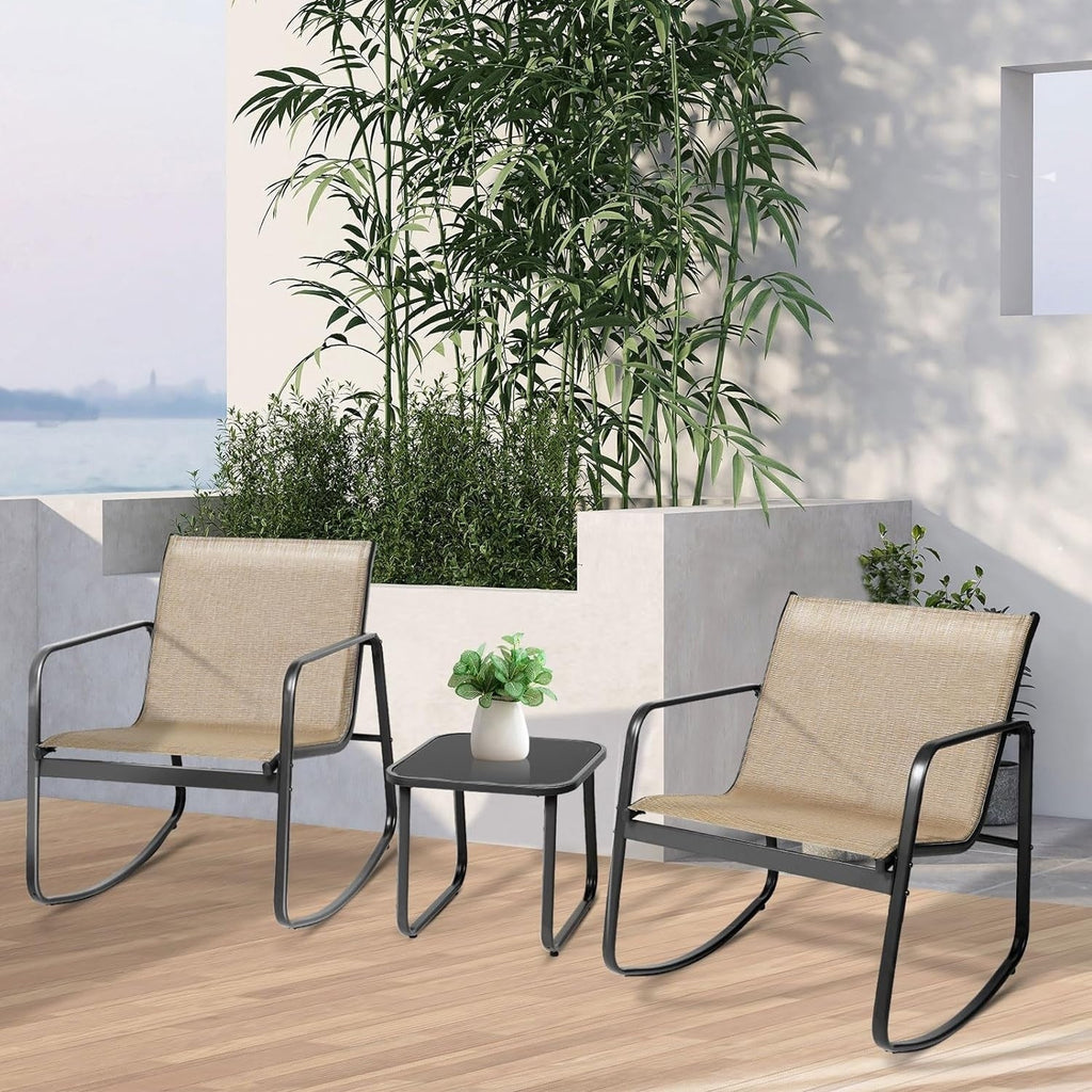 Ensemble bistro 3 pièces pour patio extérieur avec chaises à bascule et table basse en verre