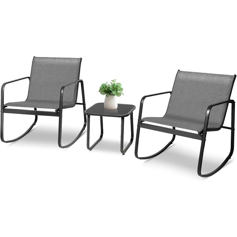 Ensemble bistro 3 pièces pour patio extérieur avec chaises à bascule et table basse en verre