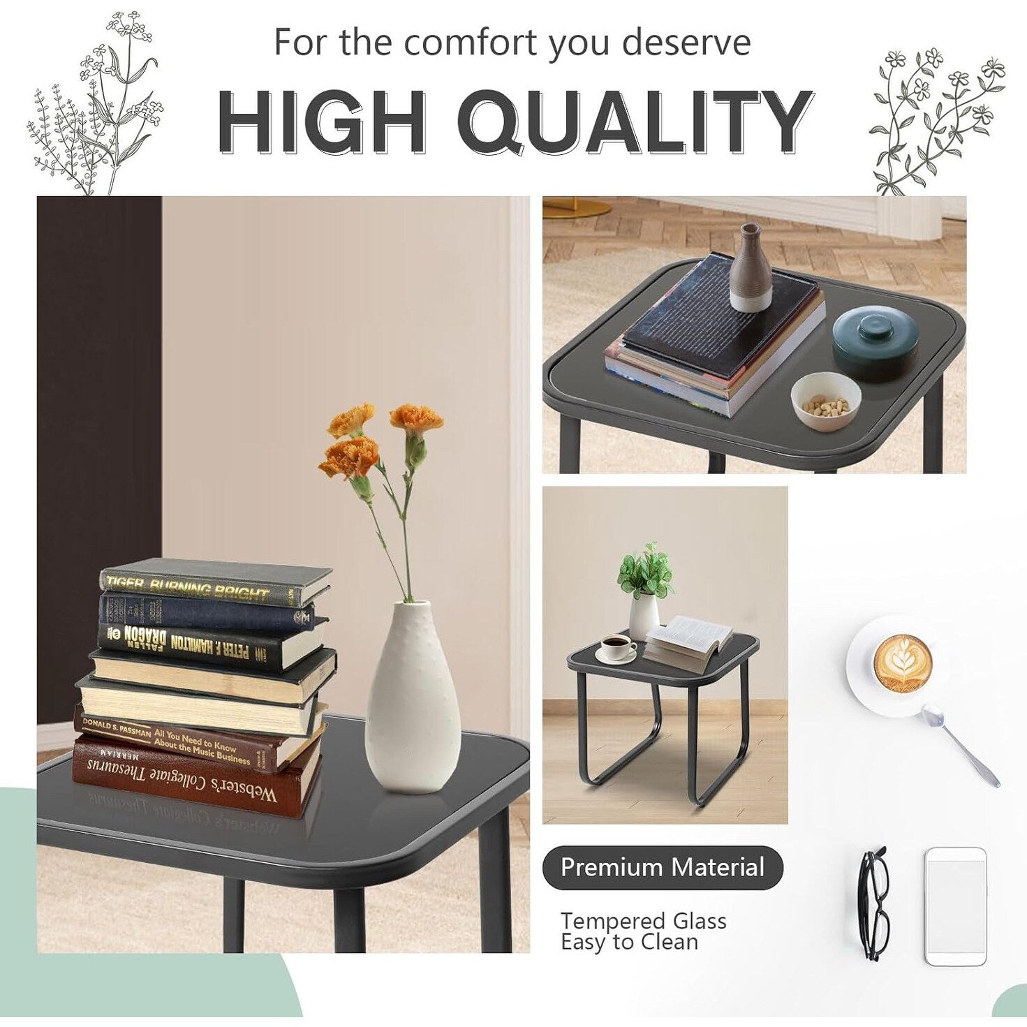 Ensemble bistro 3 pièces pour patio extérieur avec chaises à bascule et table basse en verre