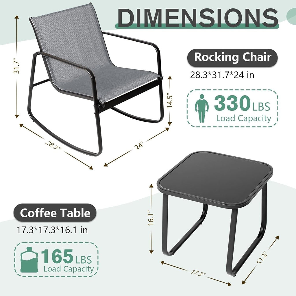 Ensemble bistro 3 pièces pour patio extérieur avec chaises à bascule et table basse en verre