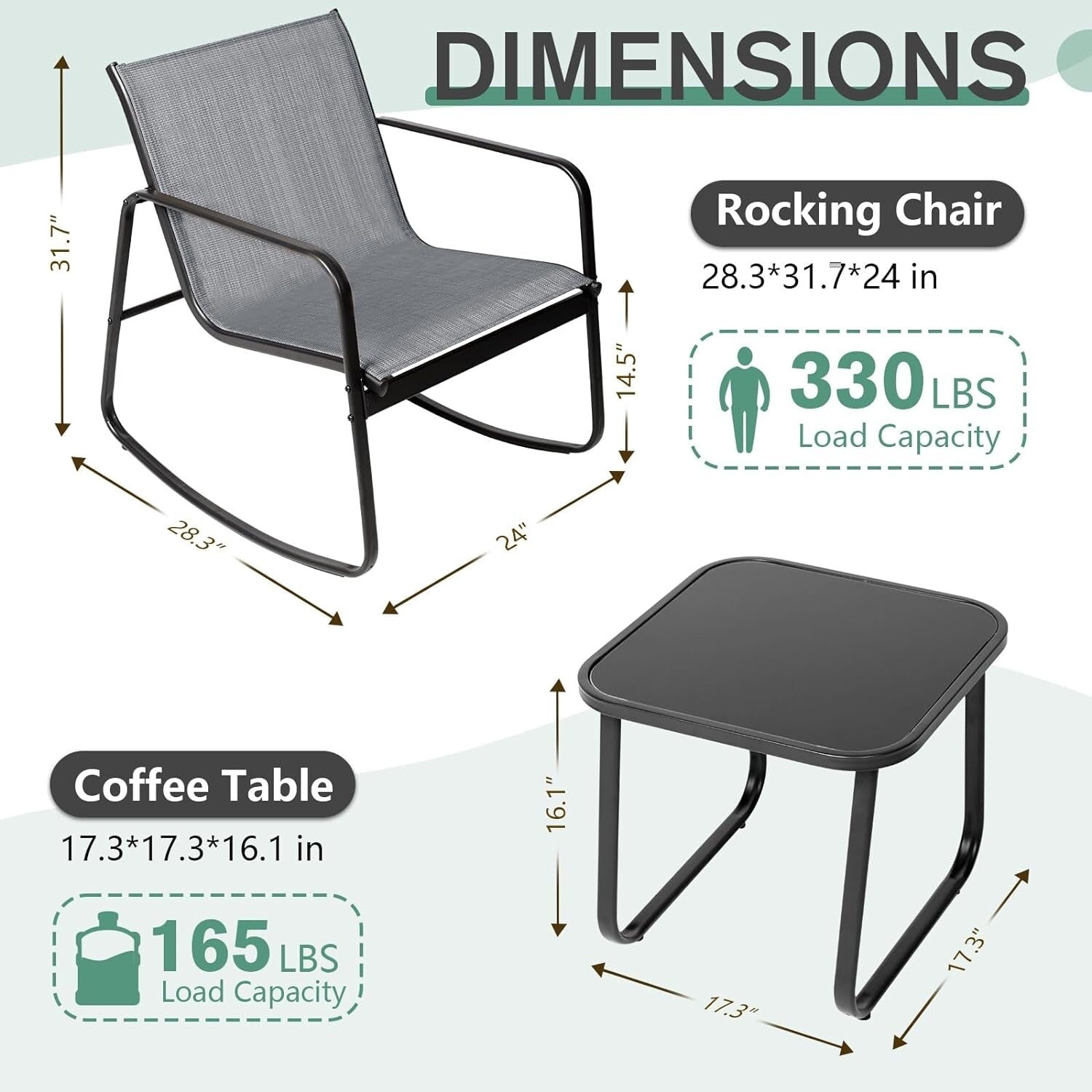 Ensemble bistro 3 pièces pour patio extérieur avec chaises à bascule et table basse en verre