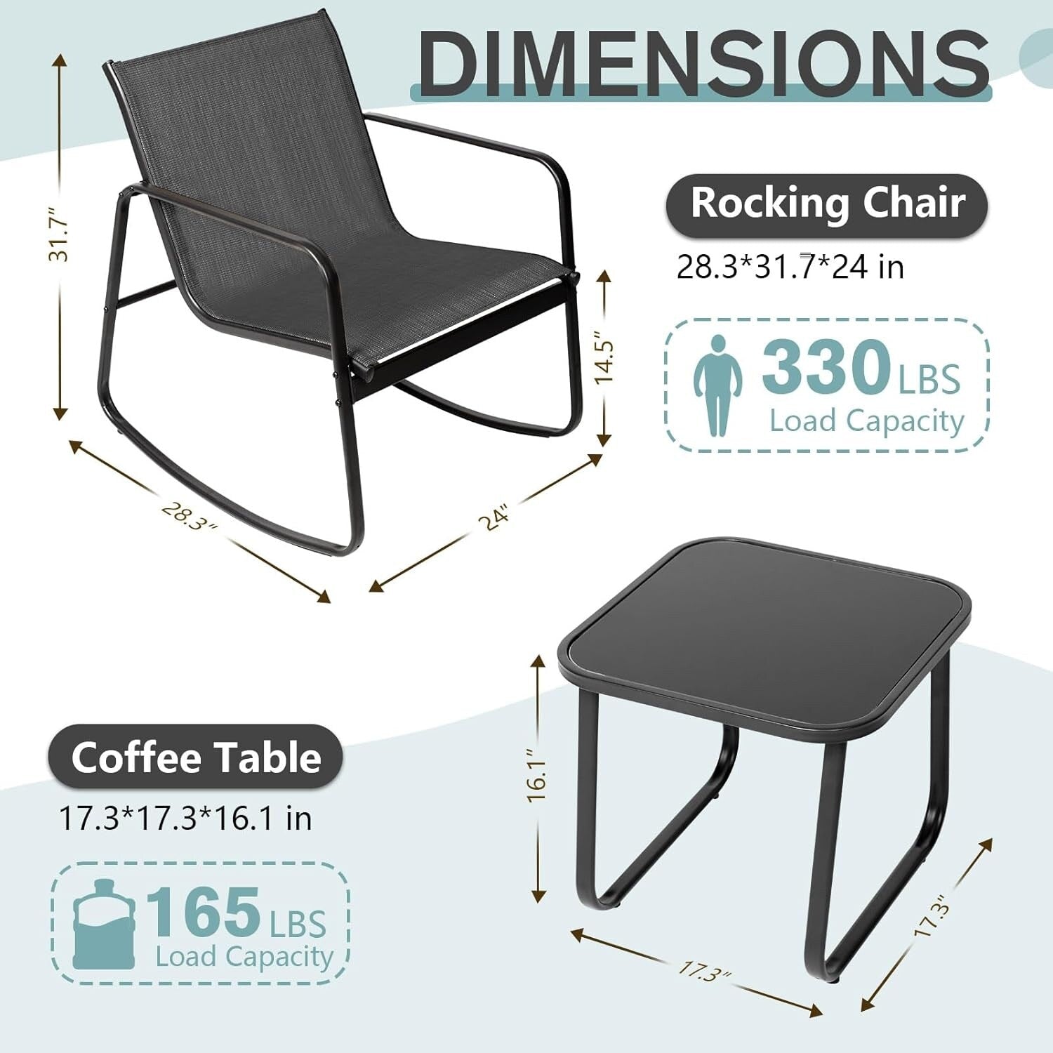 Ensemble bistro 3 pièces pour patio extérieur avec chaises à bascule et table basse en verre