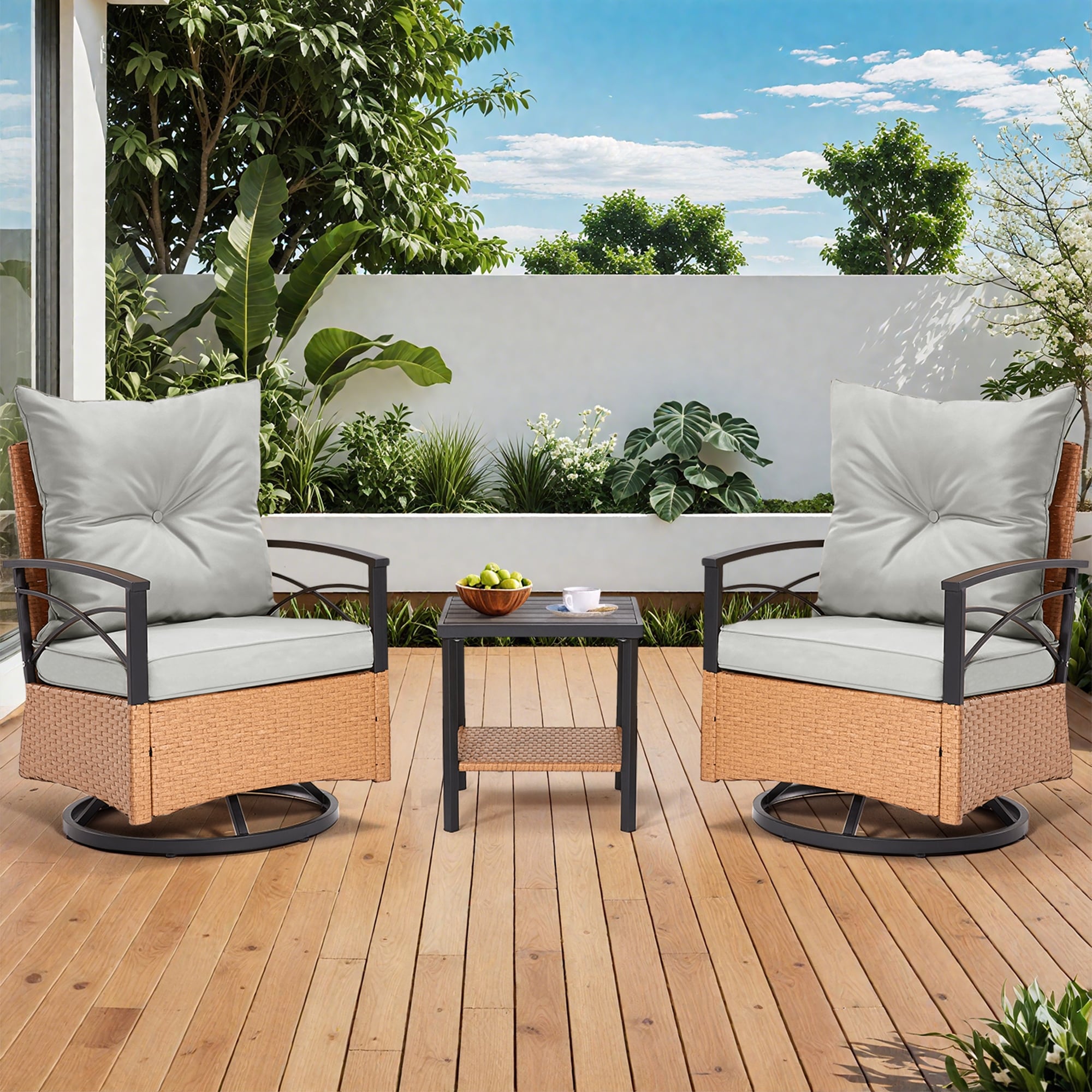 Ensemble de 3 chaises pivotantes/basculantes d'extérieur - Mobilier de jardin en rotin synthétique avec coussins et table basse, chaises à bascule pour jardin