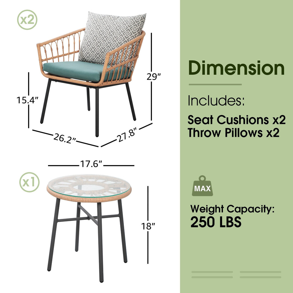 Ensemble bistrot d'extérieur en osier 3 pièces avec coussins