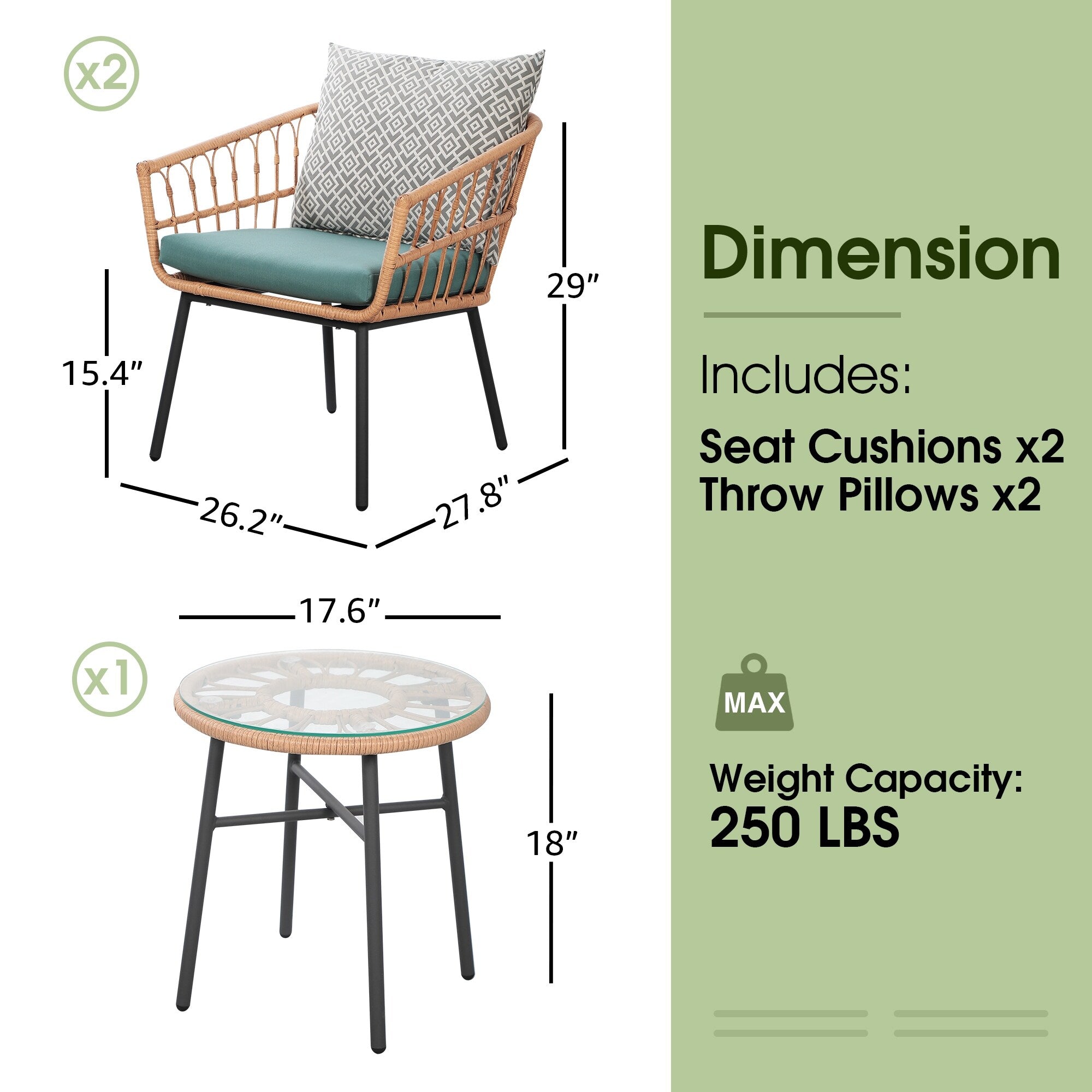 Ensemble bistrot d'extérieur en osier 3 pièces avec coussins