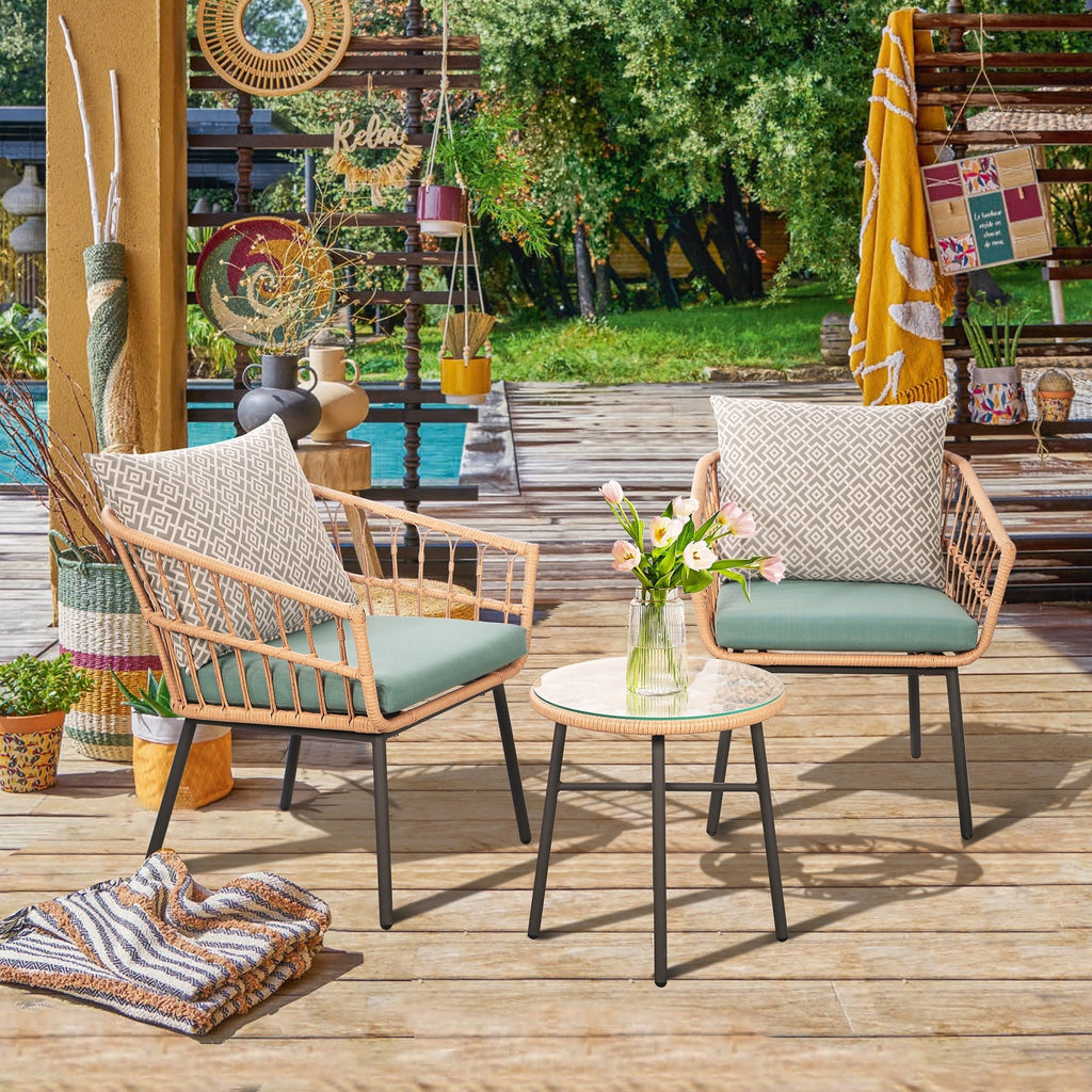 Ensemble bistrot d'extérieur en osier 3 pièces avec coussins