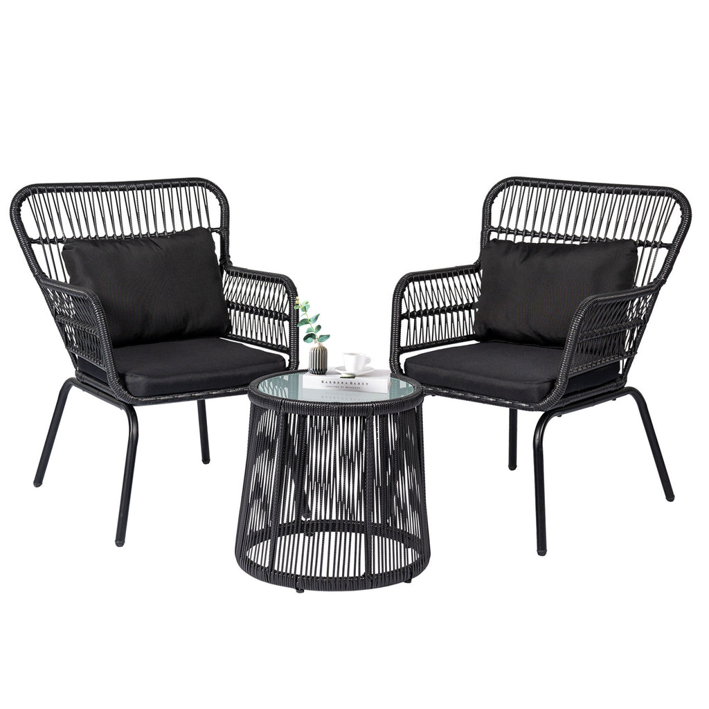 Ensemble de bistrot d'extérieur 3 pièces en osier, mobilier de jardin en rotin toutes saisons, chaises de patio avec coussins