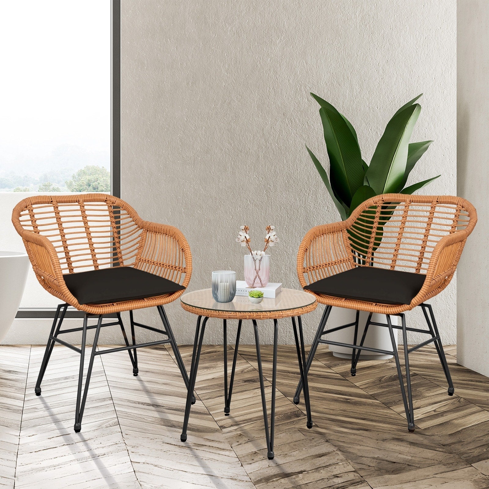 Ensemble de 3 chaises de jardin en osier avec coussins pour terrasse, piscine, jardin et véranda - 21,2 L x 23,6 l x 31,5 H