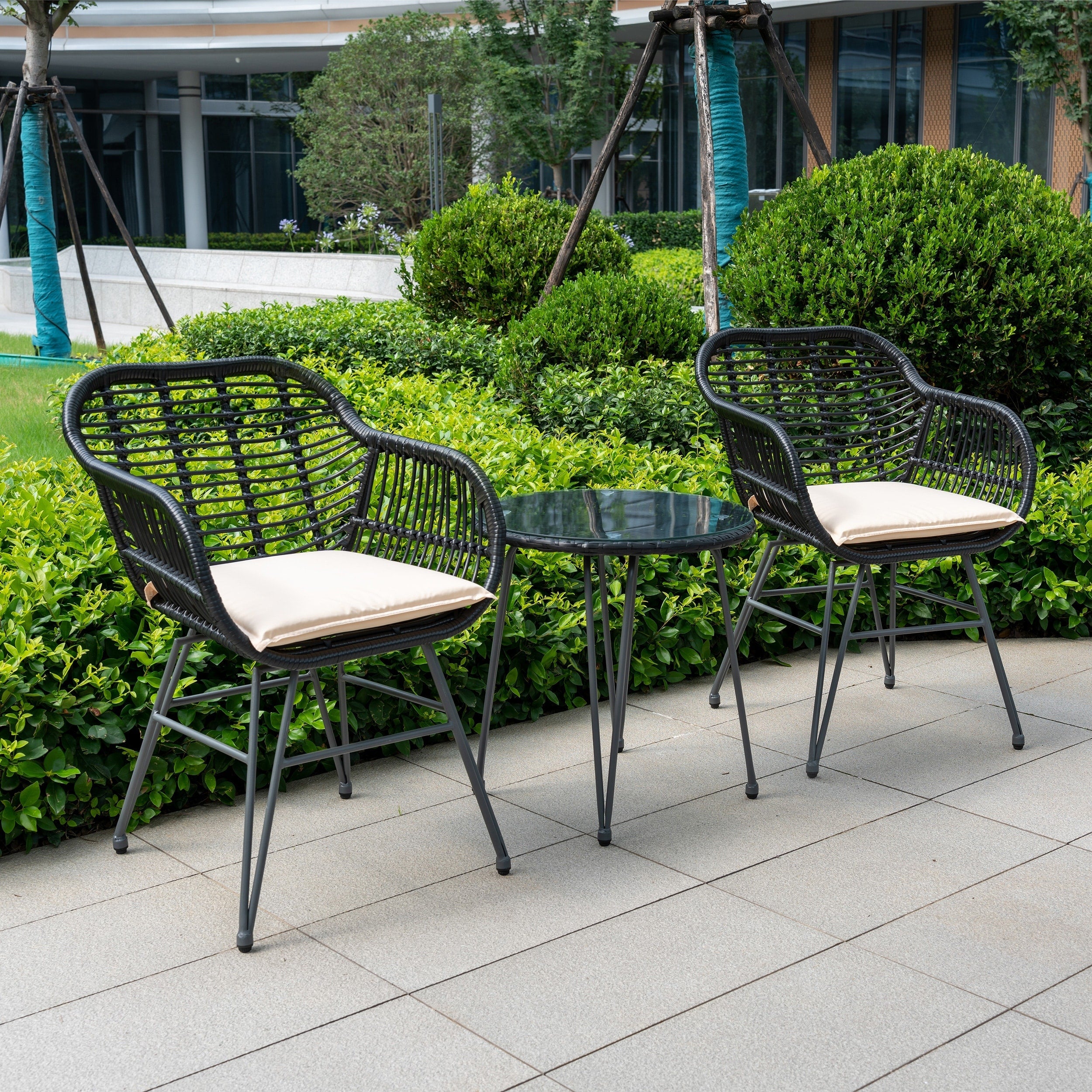 Ensemble de 3 chaises de jardin en osier avec coussins pour terrasse, piscine, jardin et véranda - 21,2 L x 23,6 l x 31,5 H
