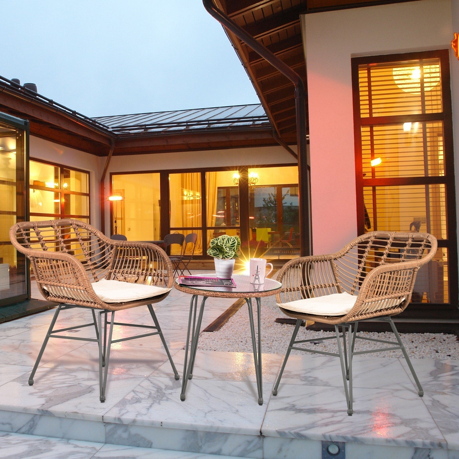 Ensemble de 3 chaises de jardin en osier avec coussins pour terrasse, piscine, jardin et véranda - 21,2 L x 23,6 l x 31,5 H