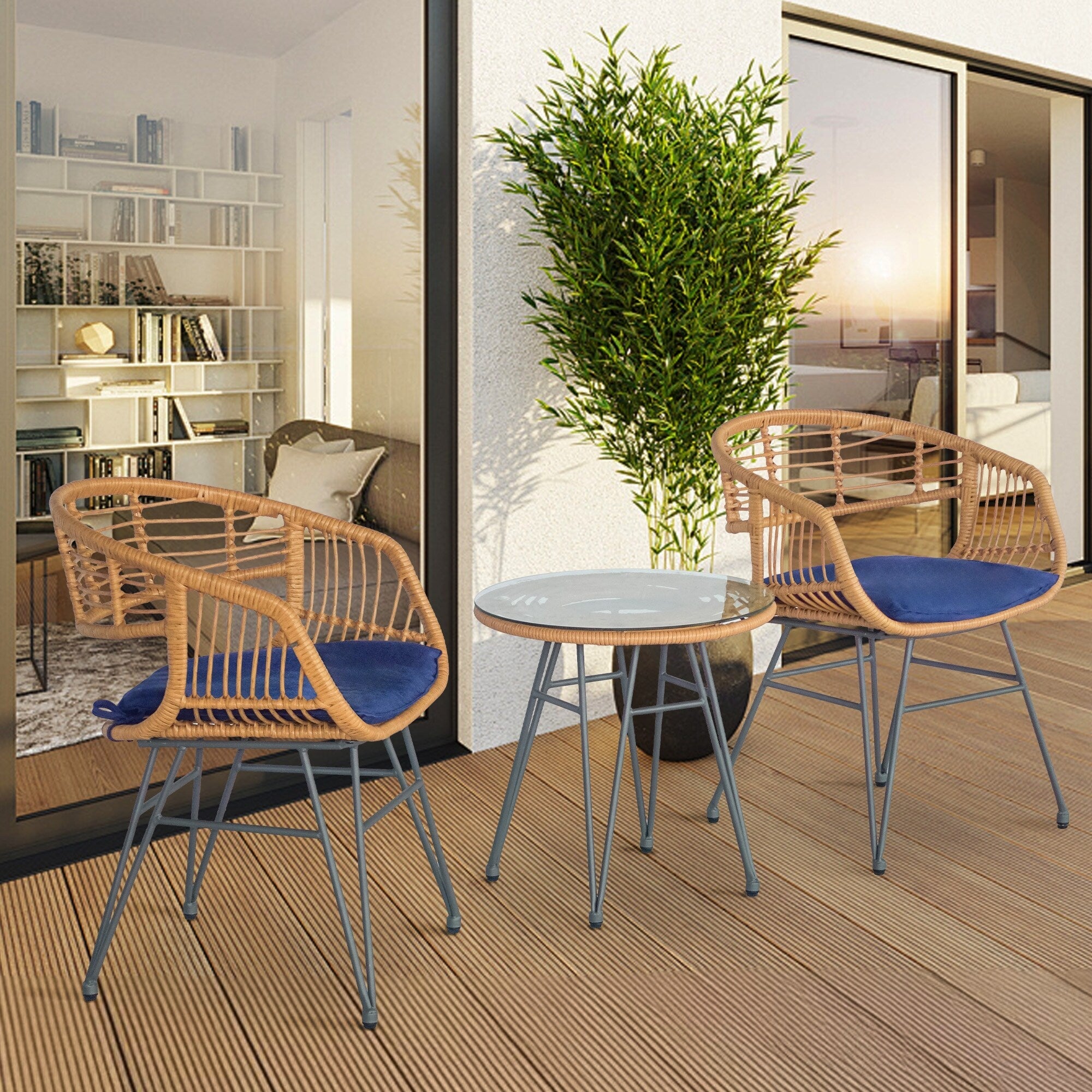 Ensemble de 3 chaises de jardin en osier avec coussins pour terrasse, piscine, jardin et véranda - 21,2 L x 23,6 l x 31,5 H