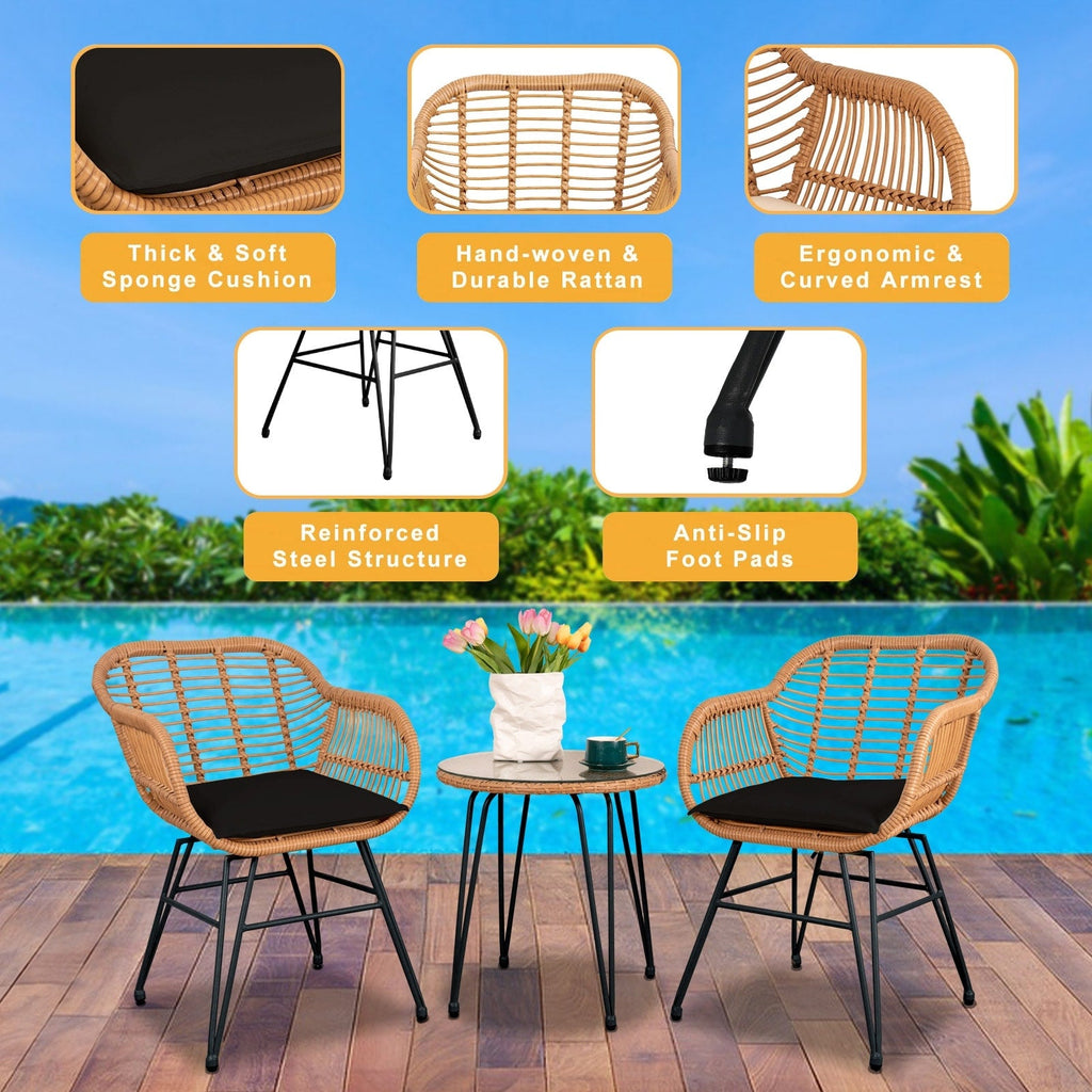 Ensemble de 3 chaises de jardin en osier avec coussins pour terrasse, piscine, jardin et véranda - 21,2 L x 23,6 l x 31,5 H