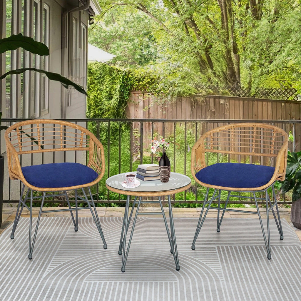 Ensemble de 3 chaises de jardin en osier avec coussins pour terrasse, piscine, jardin et véranda - 21,2 L x 23,6 l x 31,5 H