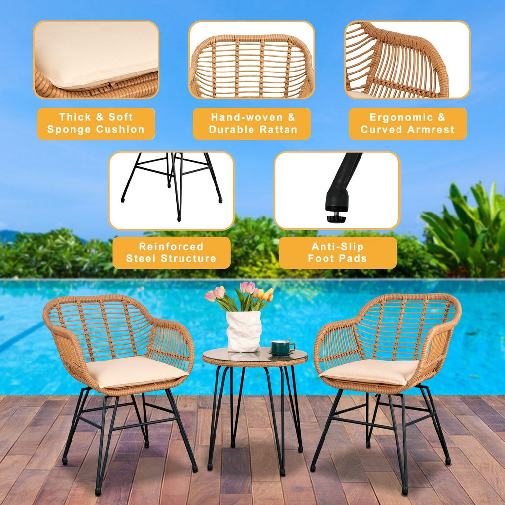 Ensemble de 3 chaises de jardin en osier avec coussins pour terrasse, piscine, jardin et véranda - 21,2 L x 23,6 l x 31,5 H